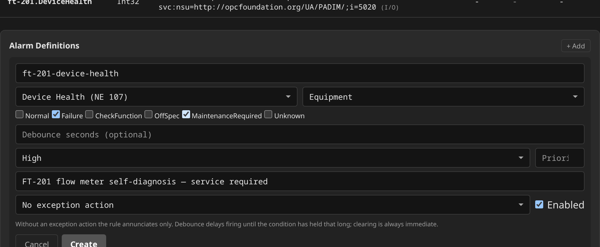 Alarm definition form with condition Device Health (NE 107) selected: the healthIn checkbox row lists the six NE 107 states with Failure and MaintenanceRequired ticked, severity High, and an operator-facing message