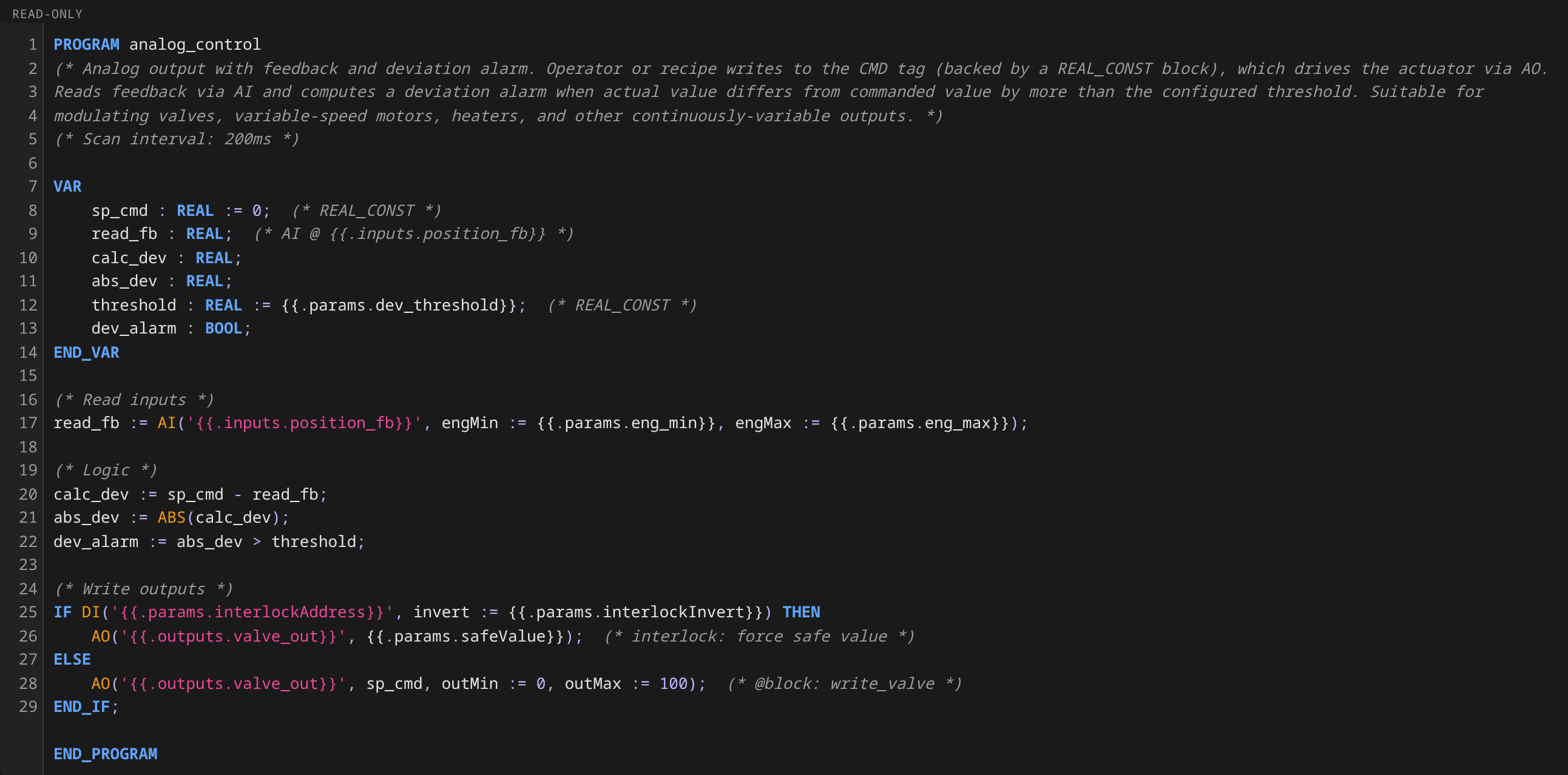 analog-control ST: IEC 61131-3 program writing CMD to the AO, reading AI feedback into POS, computing absolute deviation, and raising DEV_ALARM when it exceeds the threshold