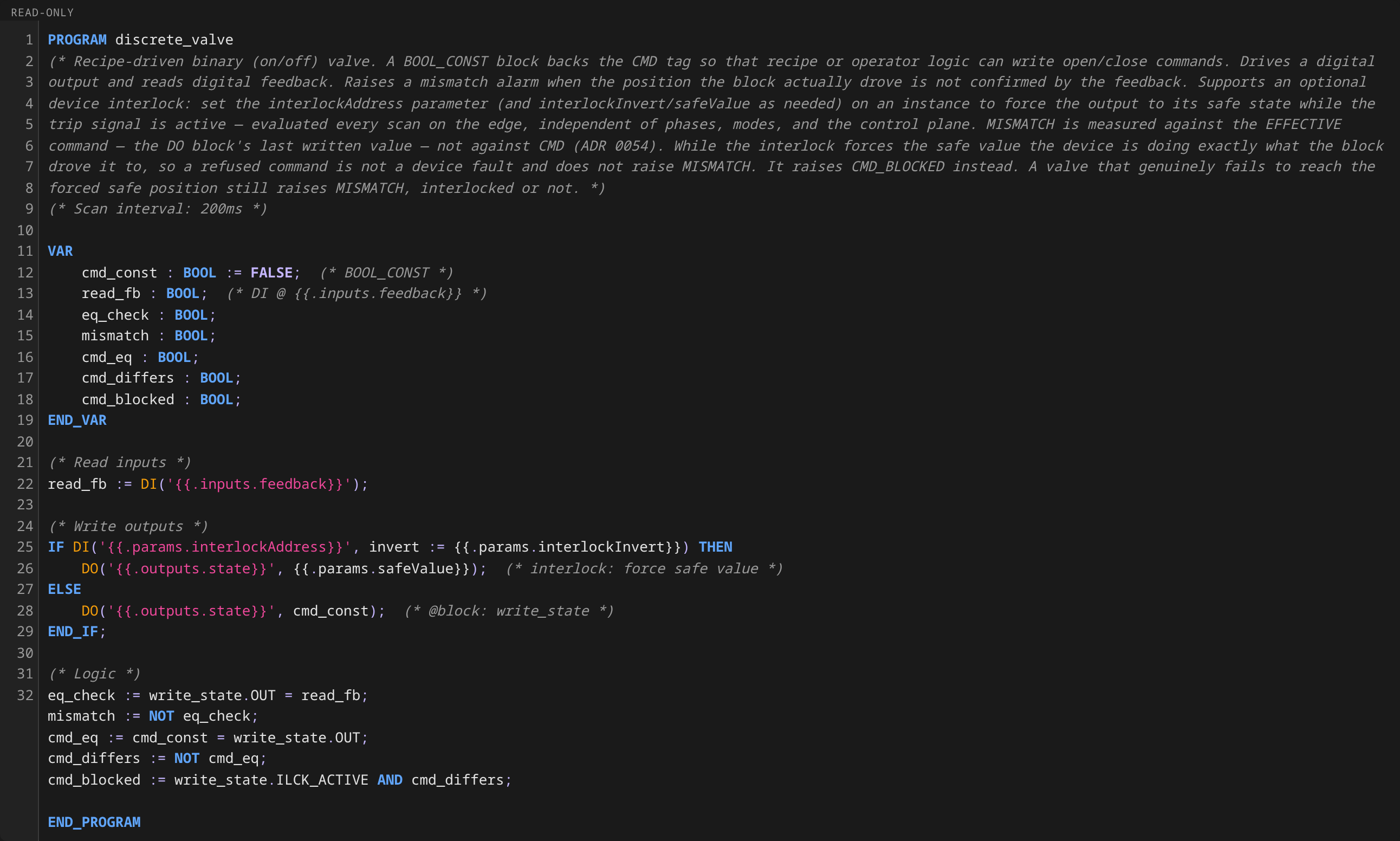 discrete-valve ST: generated IEC 61131-3 program with cmd_const, read_fb (DI), eq_check, mismatch (NOT), and write_state (DO)