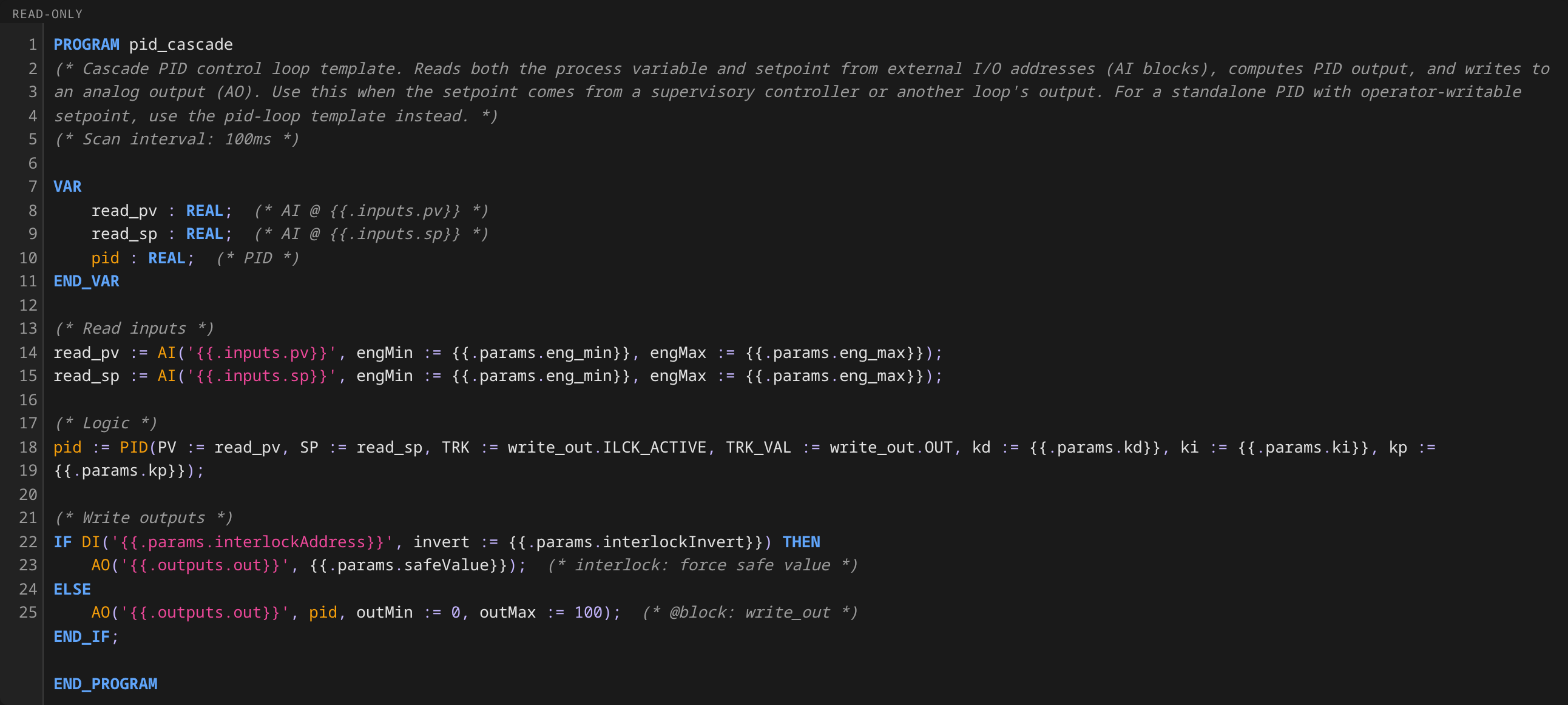 pid-cascade ST: IEC 61131-3 program reading both PV and external SP from AIs, computing the PID output, and writing it to the AO