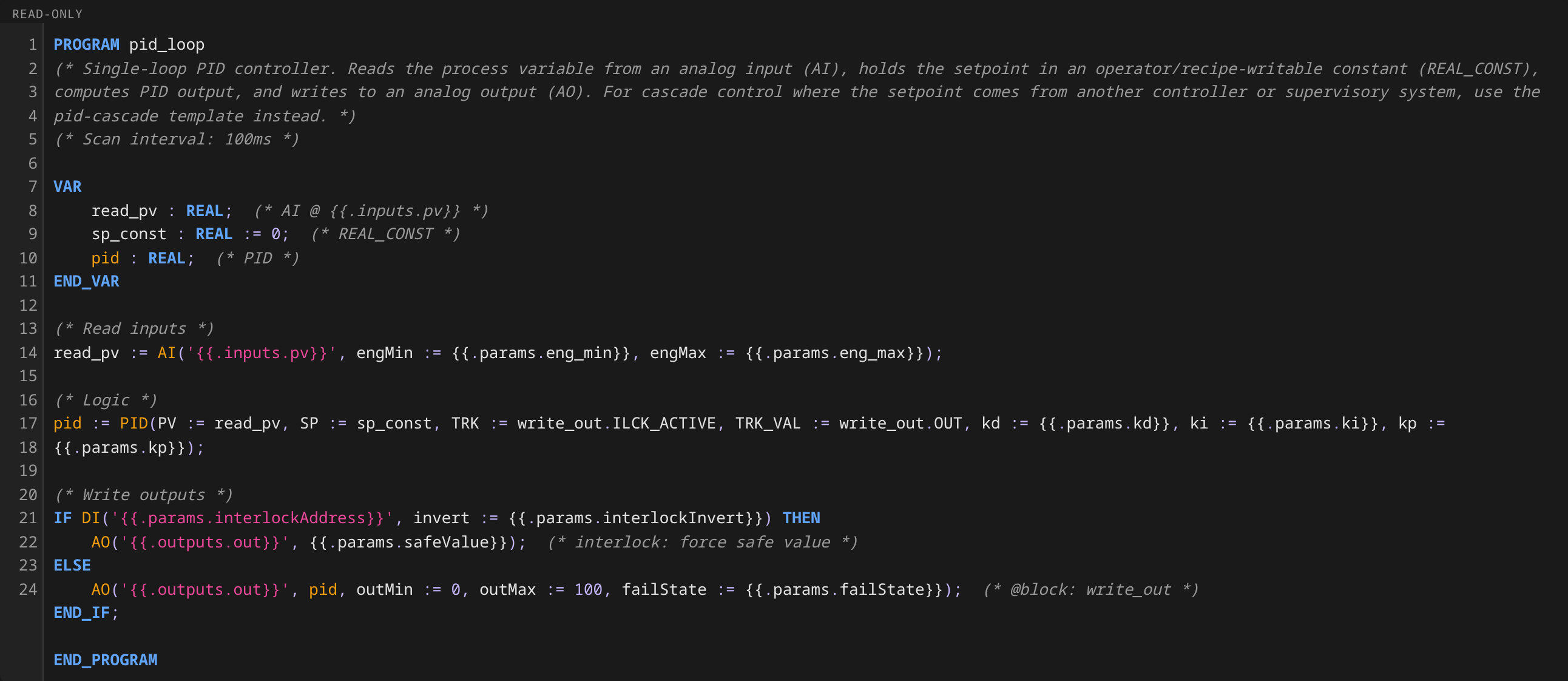 pid-loop ST: IEC 61131-3 program reading PV from the AI, holding SP, computing the PID output (kp/ki/kd) into CV, and writing CV to the AO