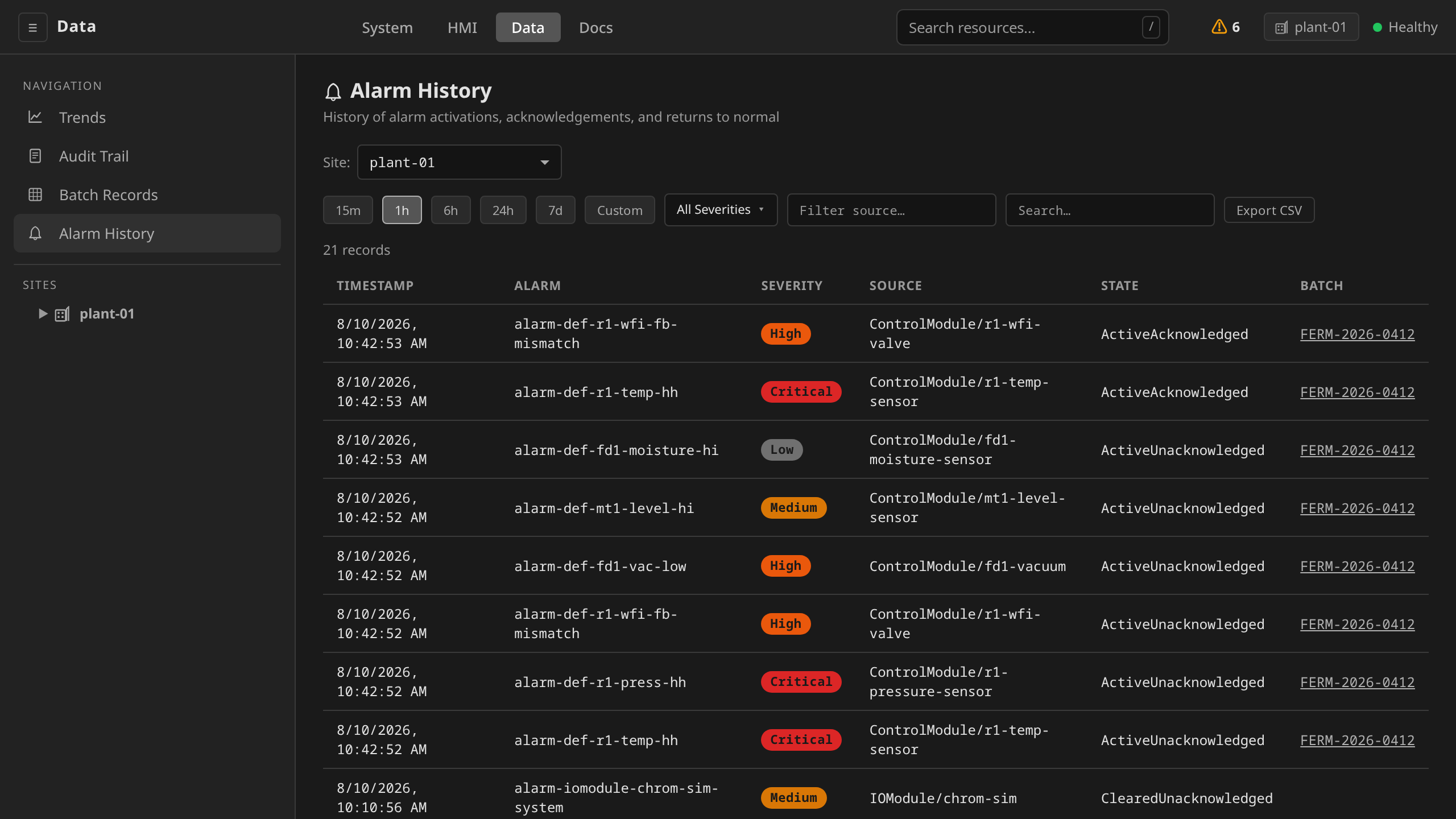 Alarm History at /data: historical alarm events with severity, time range, and source filters, where each transition is its own timestamped row