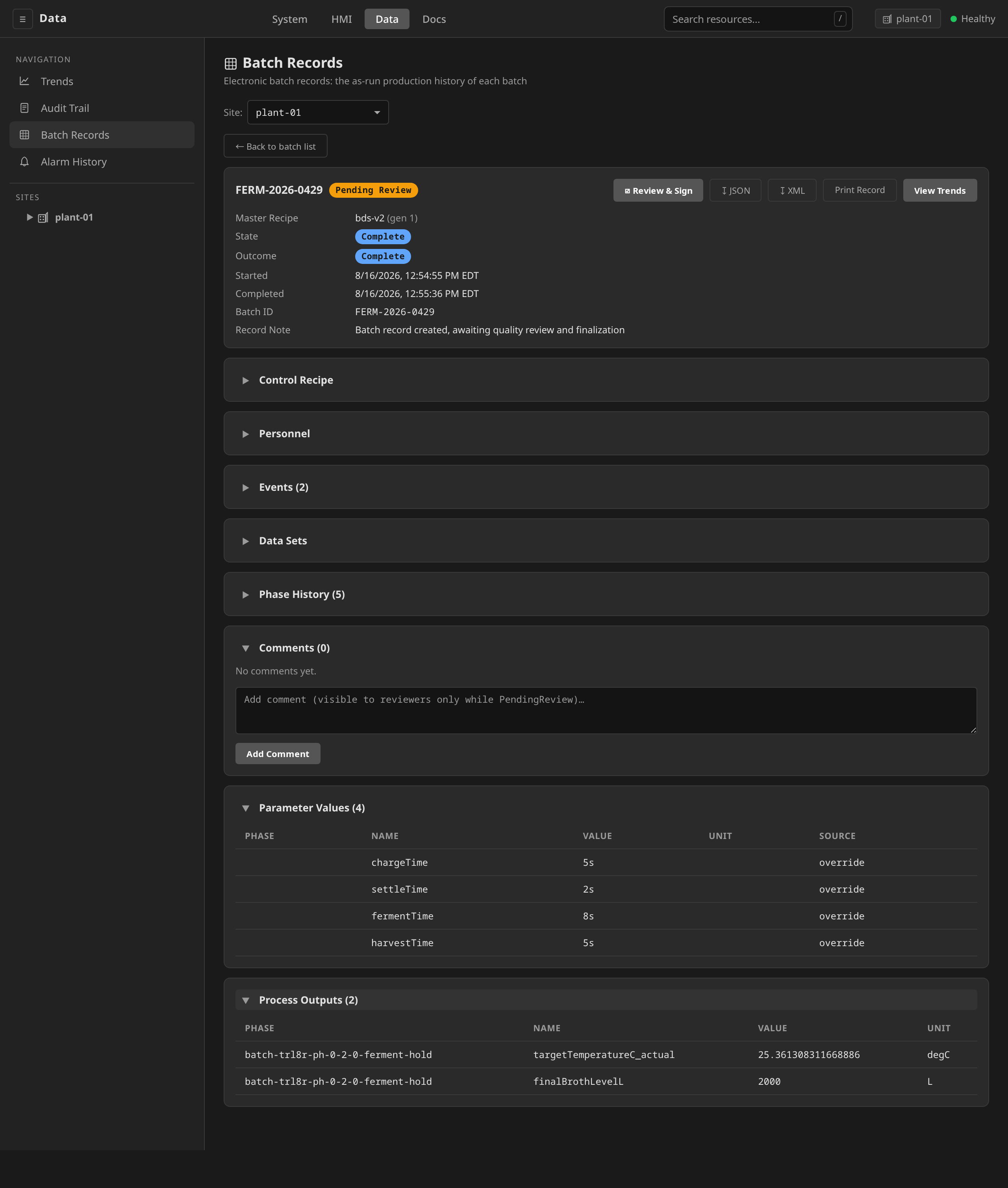 Batch Record detail: ISA-88 Part 4 BPR with header, parameters, events, materials, and PendingReview badge