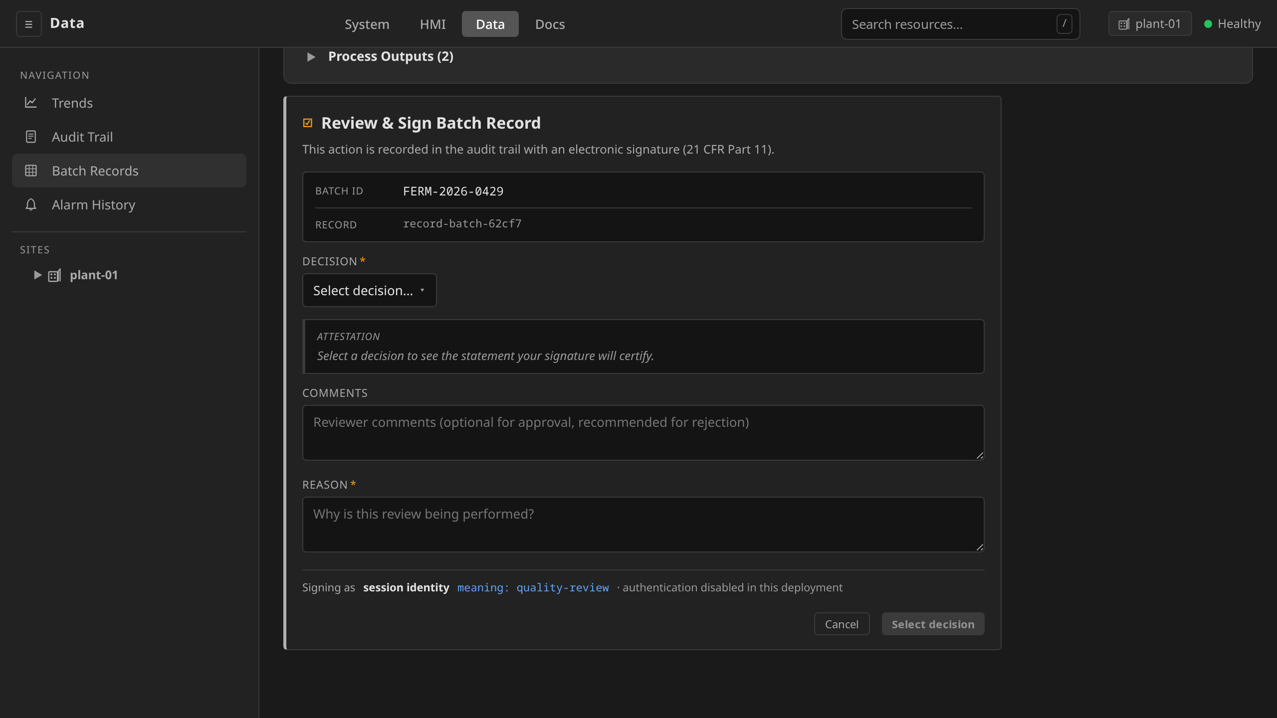 Review & Sign: the 21 CFR Part 11 electronic signature panel at the foot of the production record, carrying the decision (signature meaning), comments, and required reason. The signer identity is taken from the authenticated session
