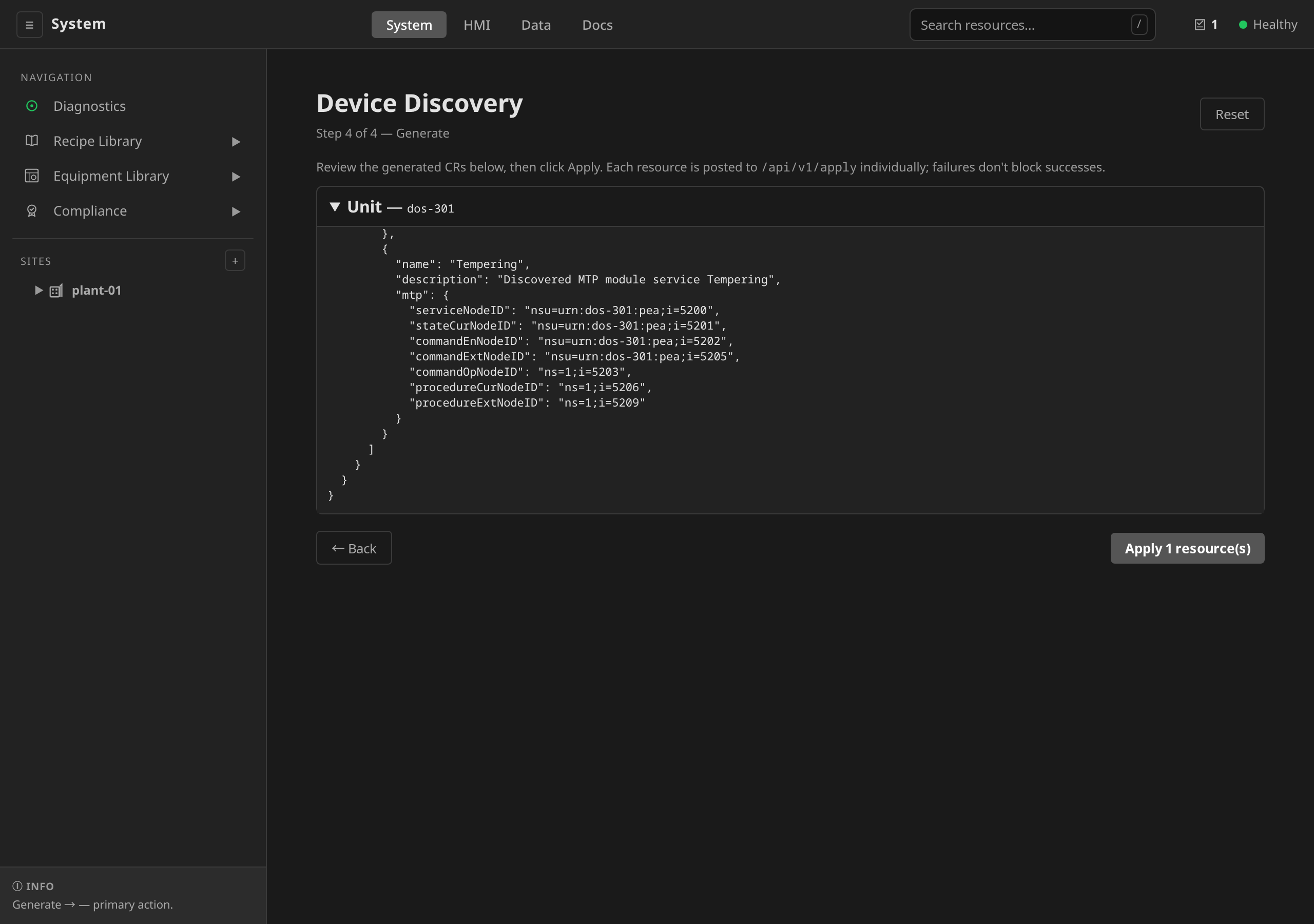 Device Discovery step 4, the generated Unit for an MTP PEA, scrolled to a declared mtp service entry carrying the service node address plus the resolved stateCur, commandEn, commandOp, commandExt, procedureCur and procedureExt addresses