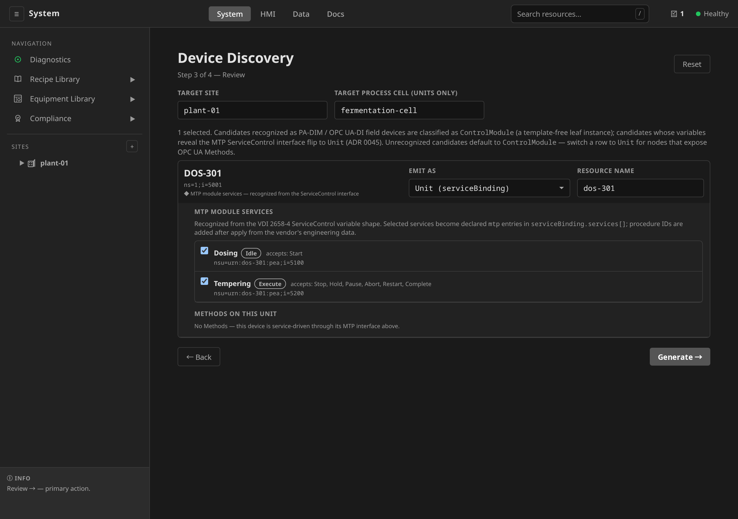 Device Discovery step 3 with an MTP PEA candidate's services panel: two recognized module services, each with the state the PEA reported at probe time (Idle, Execute) and the commands its CommandEn word accepts, above a Methods section reporting that this device is service-driven through its MTP interface