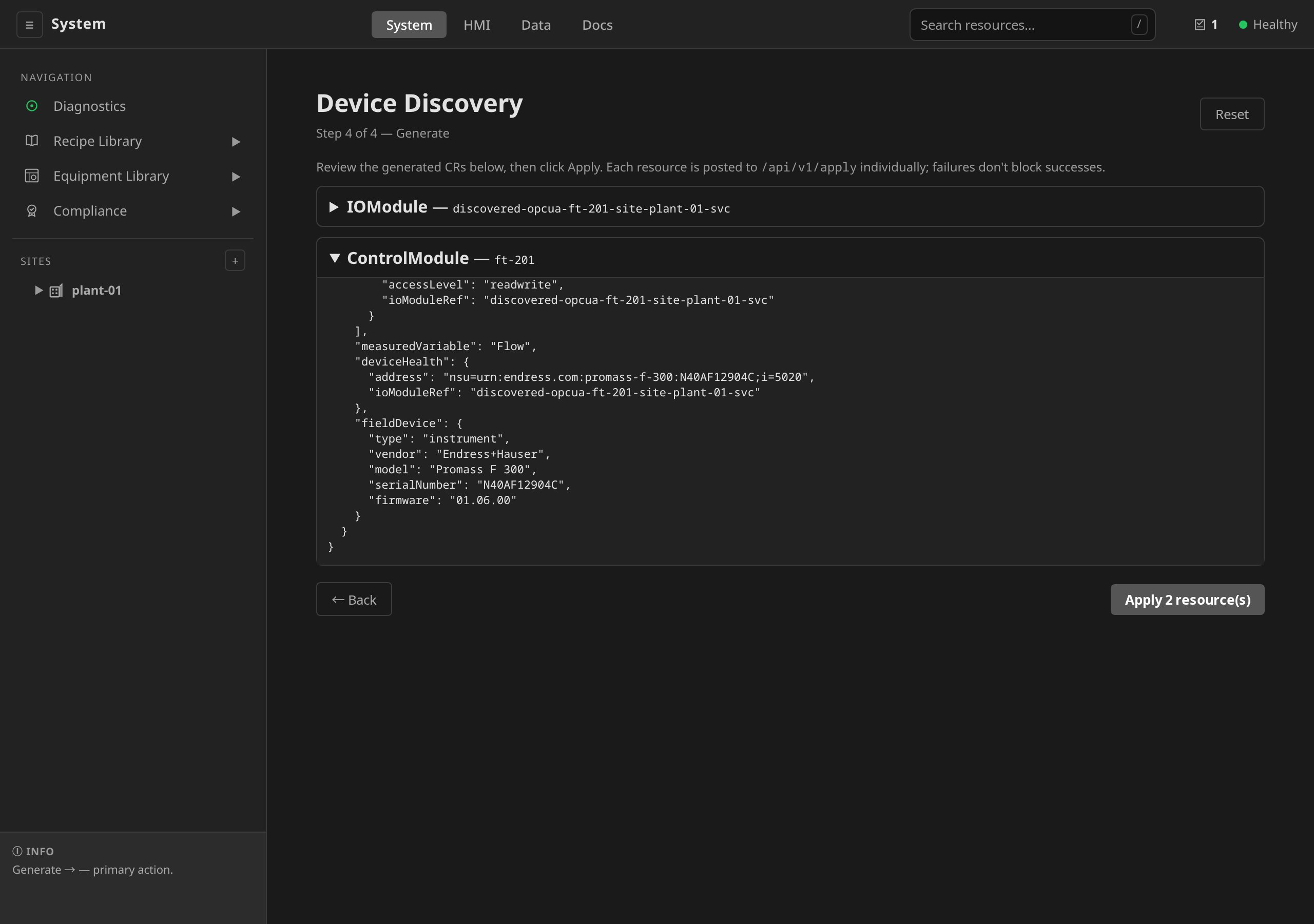 Device Discovery step 4, the generated ControlModule for a PA-DIM device, scrolled to the declaration payload: role-carrying tags, measuredVariable Flow, spec.deviceHealth with the device's own DeviceHealth address, and the spec.fieldDevice instrument nameplate record