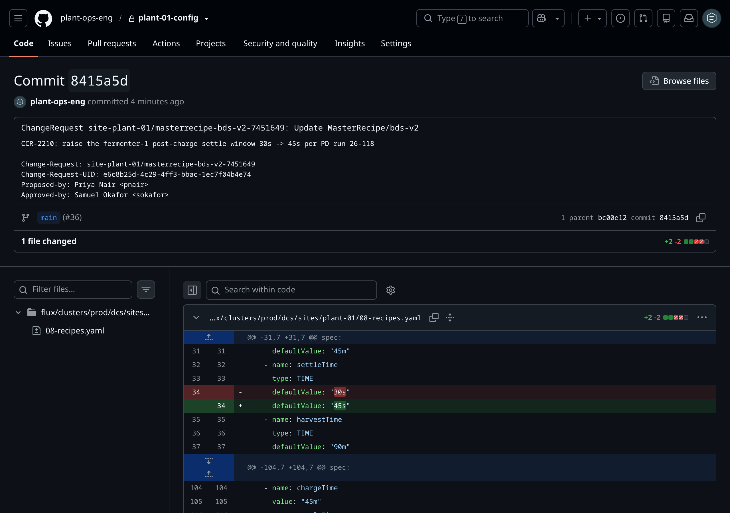 A git-pr backend commit on GitHub: the ChangeRequest-titled message carrying the Change-Request, Change-Request-UID, Proposed-by and Approved-by trailers, above the two-line diff of the declaring site-tree file