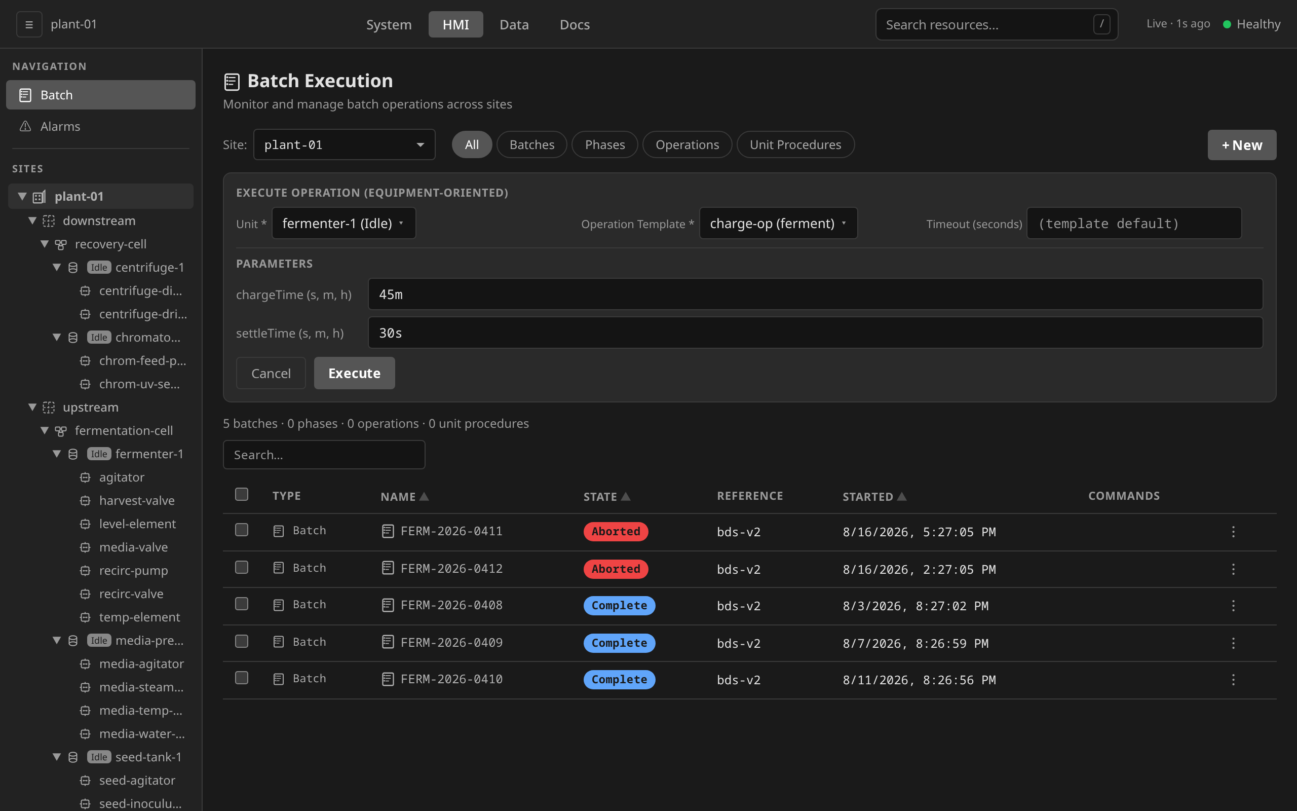 Ad-hoc Operation launch form: equipment-only template picker with the process-category template absent, declared parameters as override rows