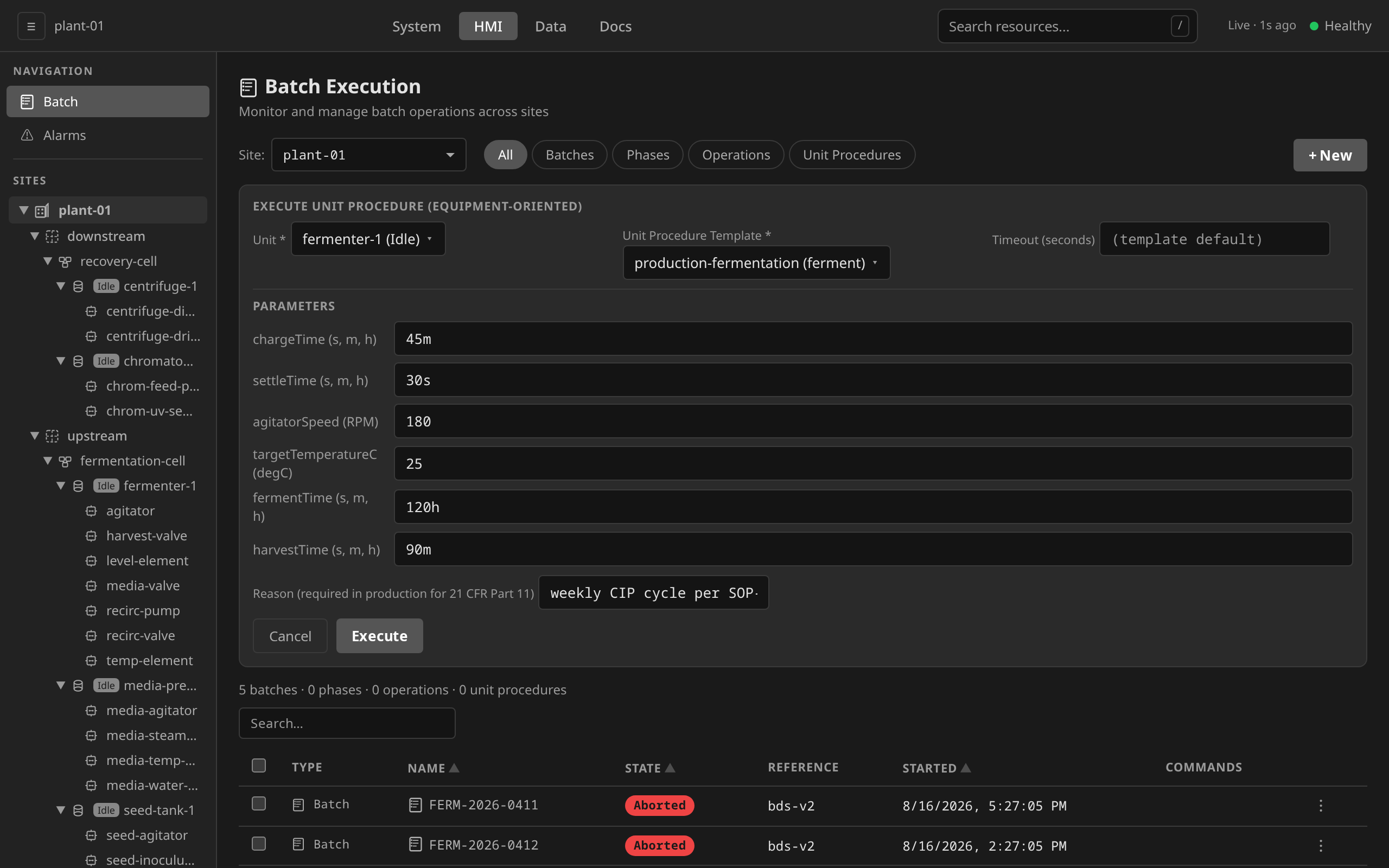 Ad-hoc Unit Procedure launch form: equipment-only template picker, parameter overrides, and the Reason field required in production for 21 CFR Part 11