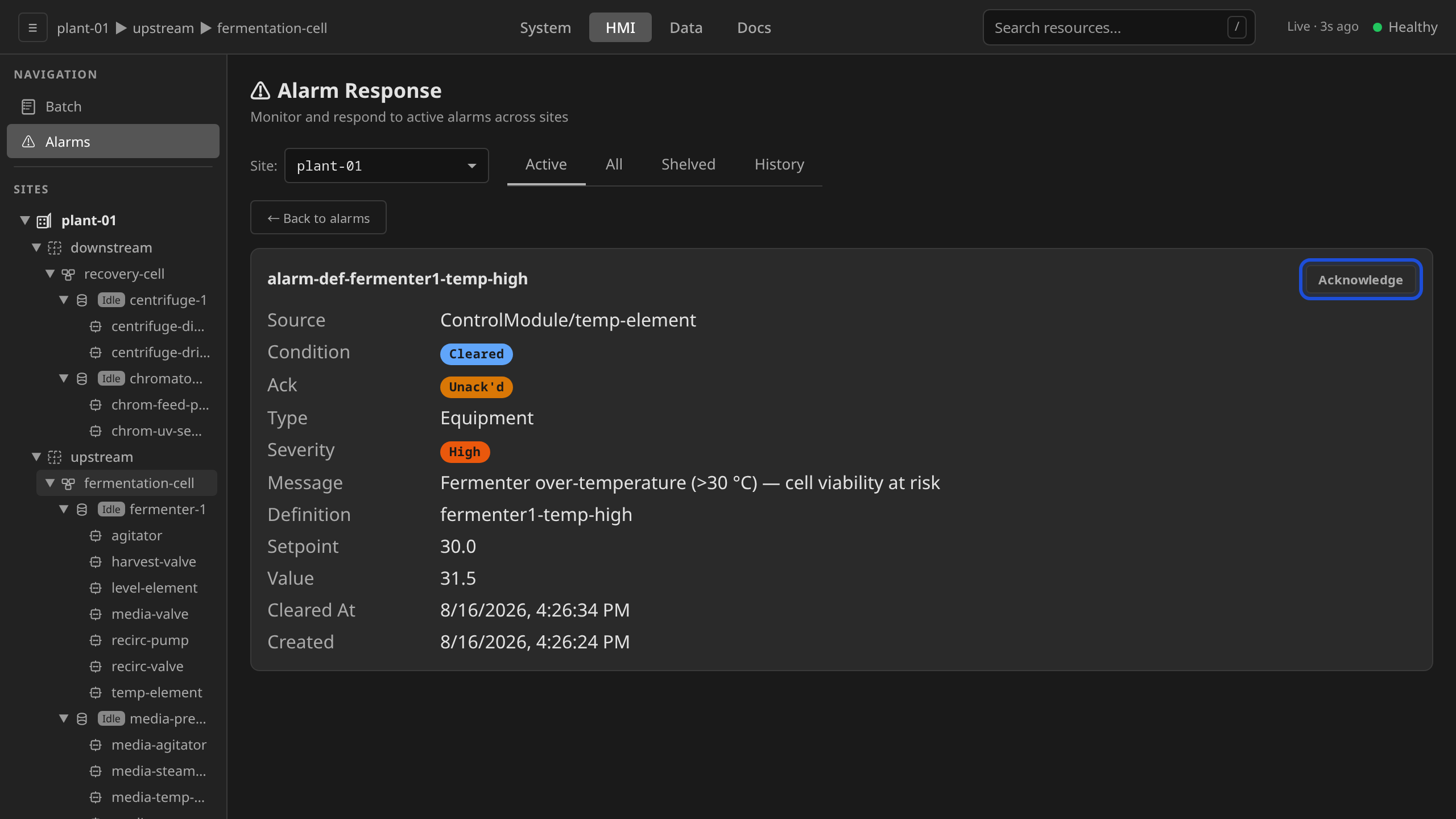 Alarm detail panel with the Acknowledge button highlighted in the panel header