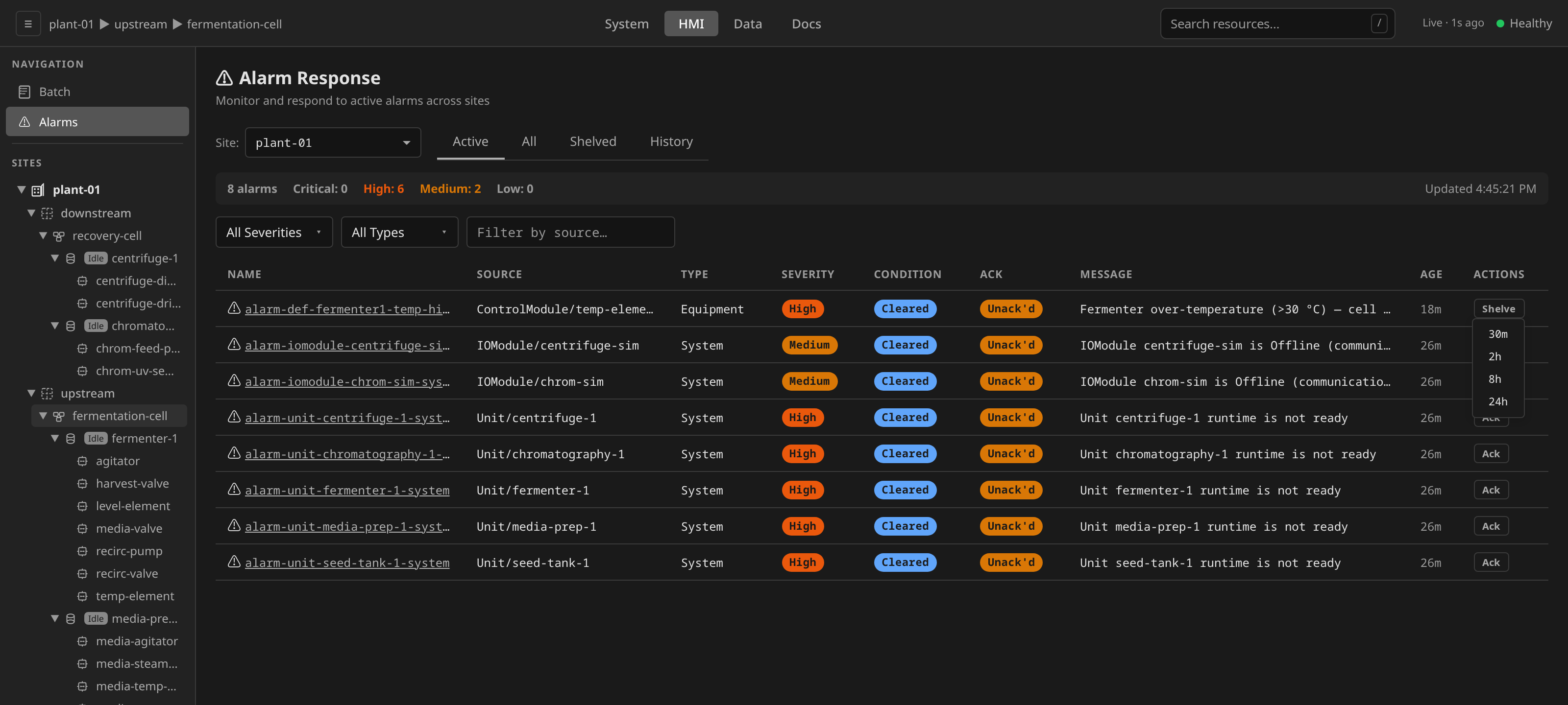 Alarms list row with the Shelve menu expanded showing 30m / 2h / 8h / 24h options below the button