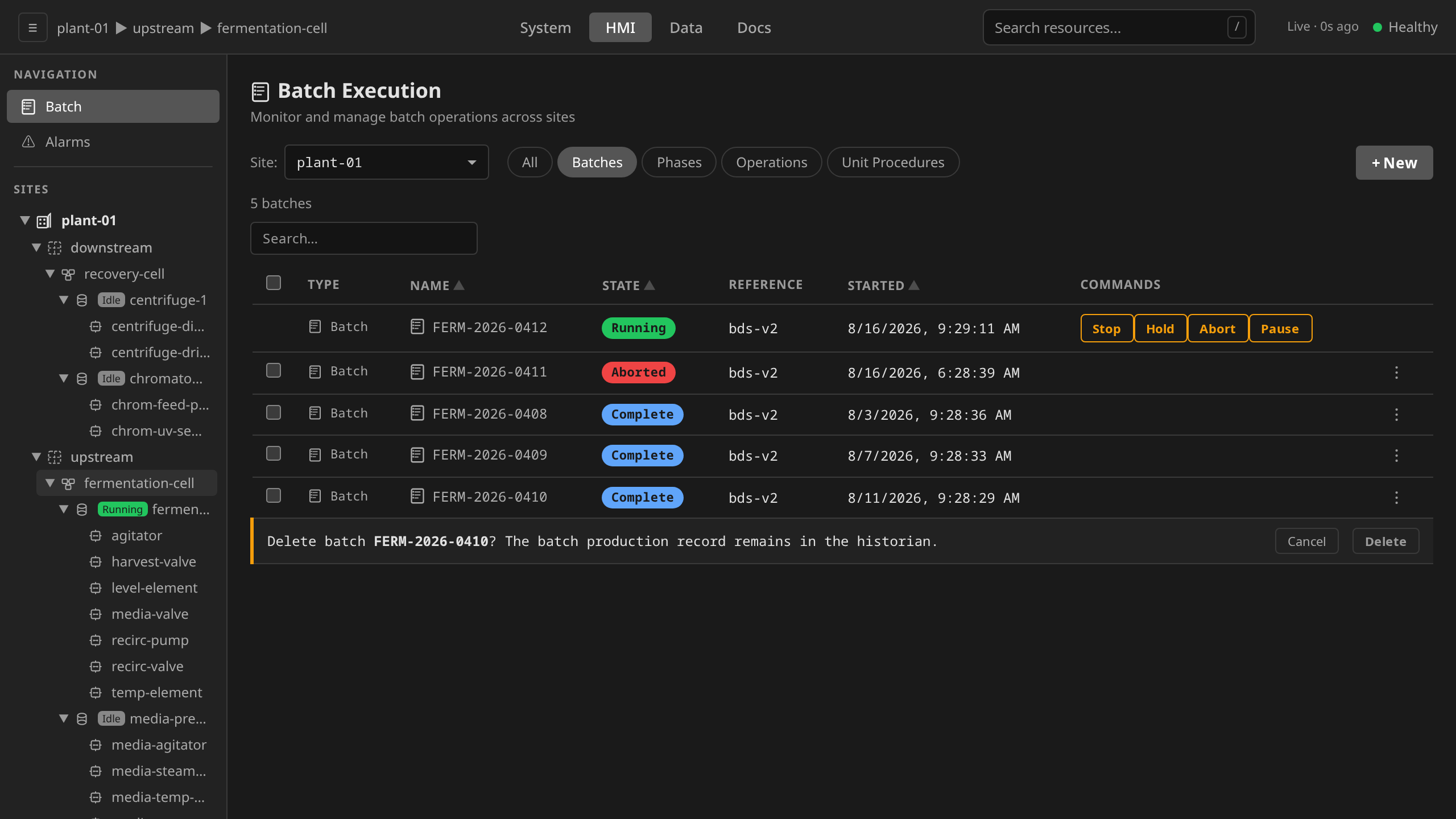 Batch delete: the bare confirm a finished run takes, expanded under its own row with a Cancel and a Delete button