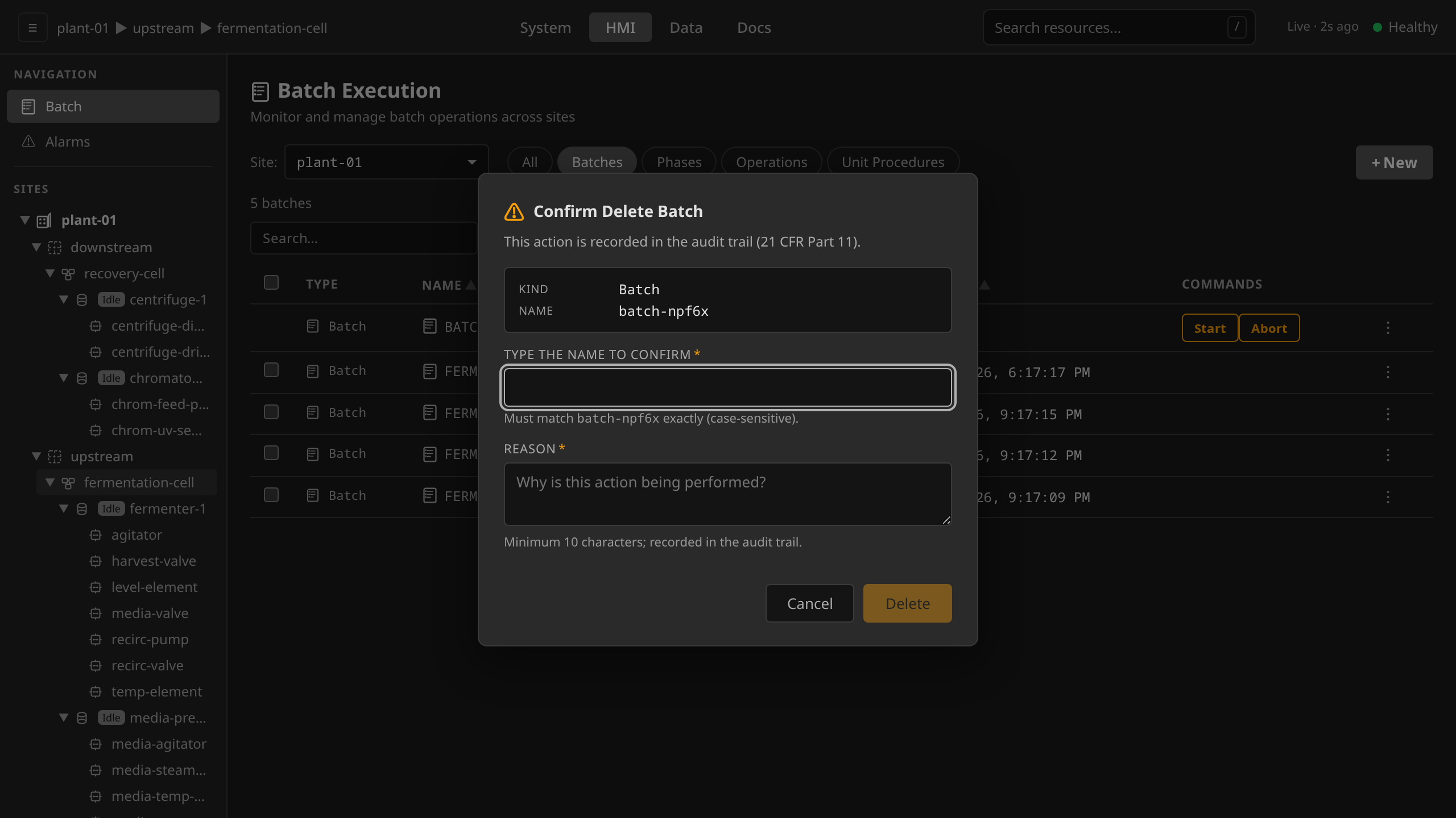 Batch delete: the destructive-action confirm modal a batch that has not started requires, showing the Kind and Name of the target, the empty name and reason fields, and the Delete button still disabled