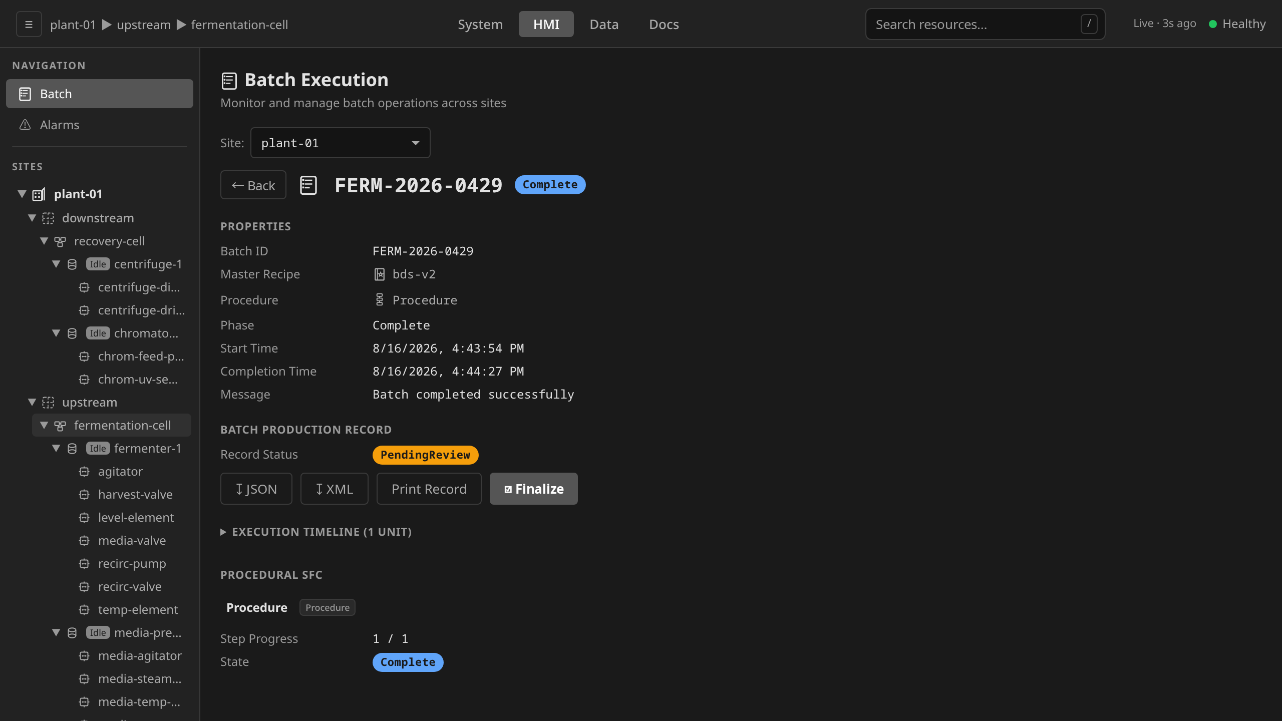 HMI Batch detail: terminal Complete state with Batch Production Record section, JSON / XML record download links, and the procedural SFC collapsed
