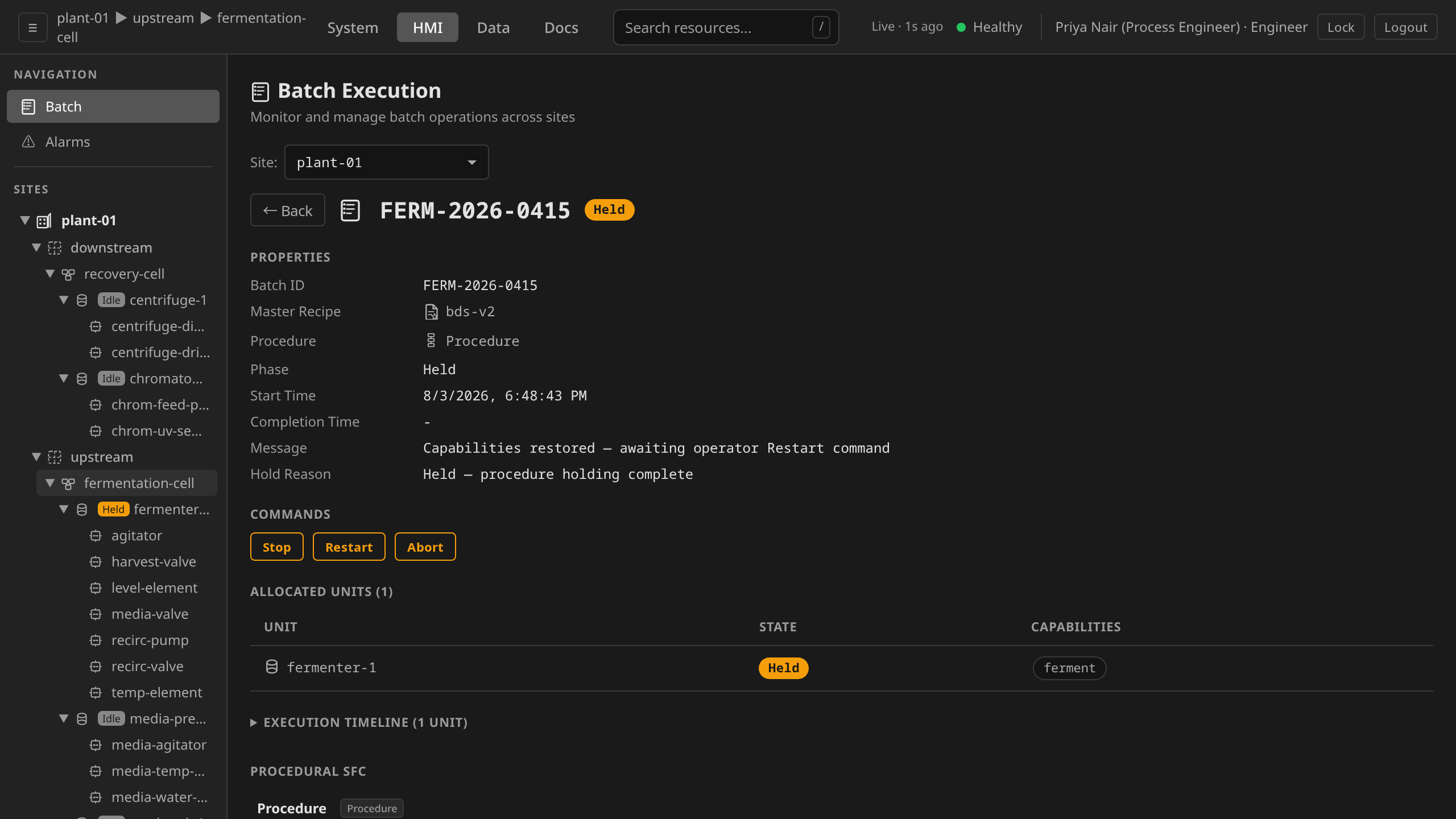 HMI Batch Execution: command bar on a Held batch showing Restart, Stop, Abort plus the hold reason