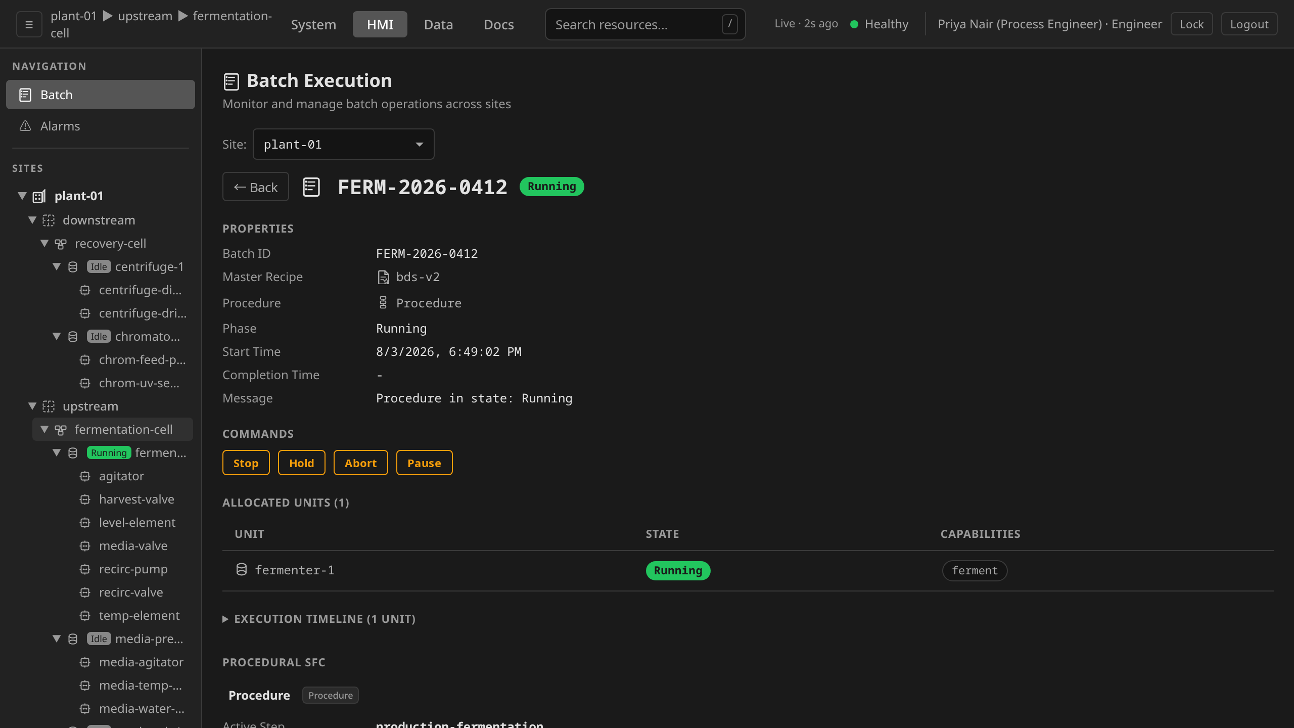HMI Batch Execution, batch detail for a Running single-unit batch: properties, command bar, allocated units, collapsed Execution Timeline summary, and procedural SFC