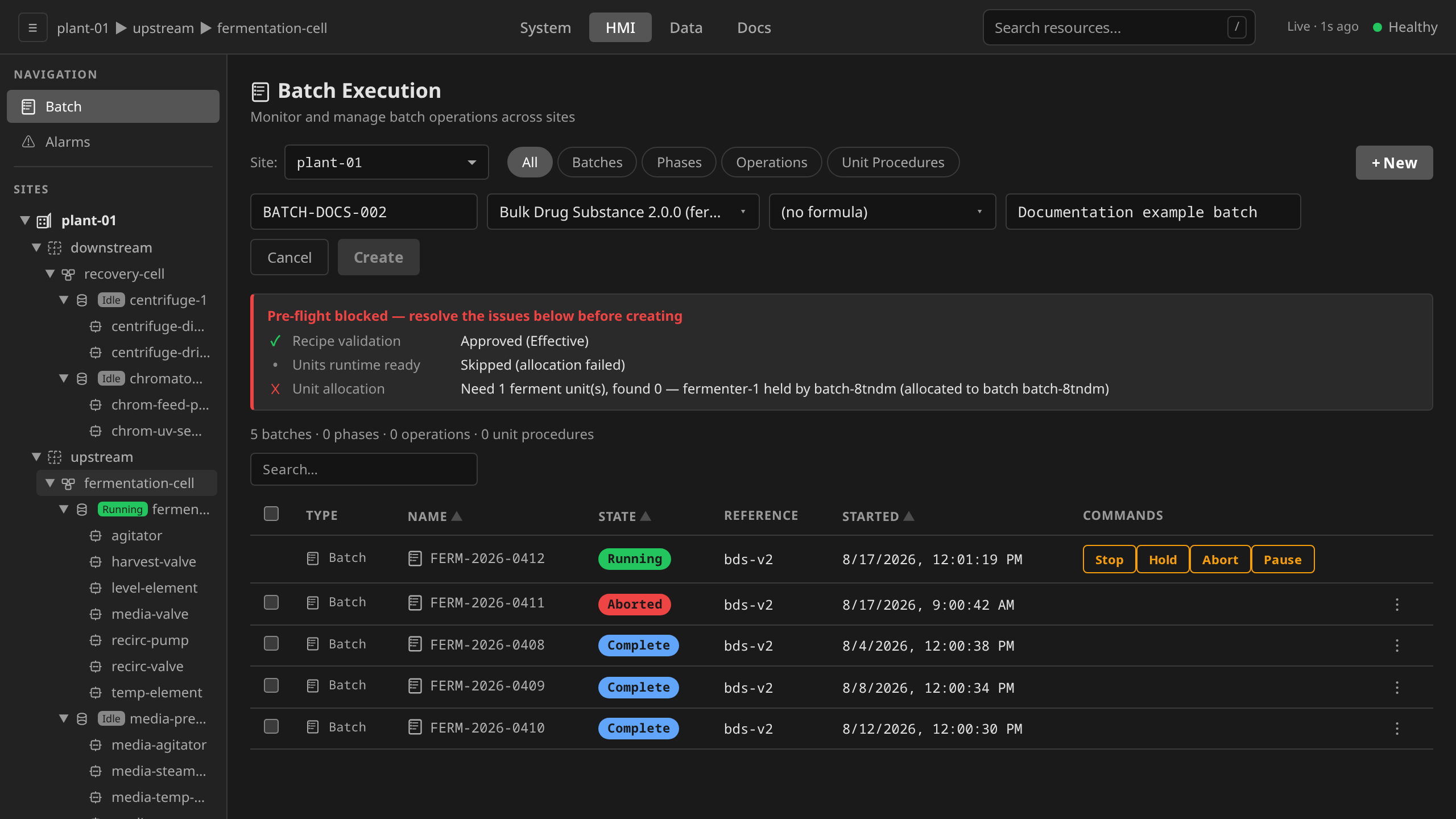HMI Batch Execution: + New → Batch form open with batch ID, master recipe, and description filled in, plus the pre-flight panel populated below the row