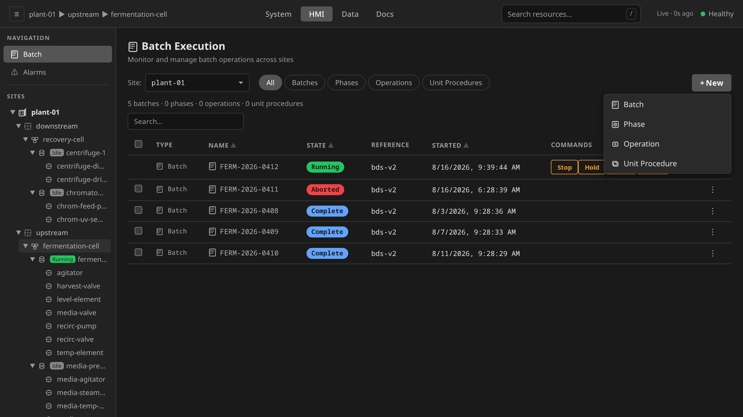 HMI Batch Execution: + New menu showing Batch, Phase, Operation, Unit Procedure entries
