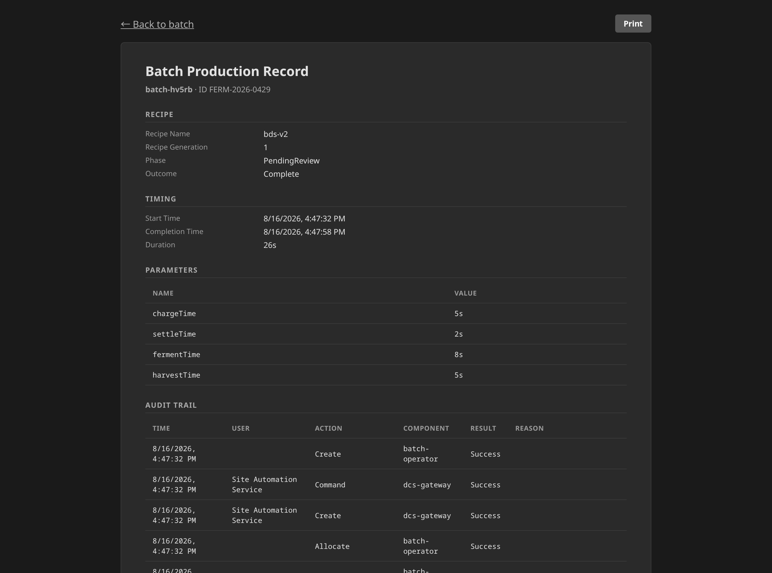 The printable batch production record at /record: ISA-88 Part 4 header, recipe, timing, parameters and audit trail, with the Print control in its toolbar