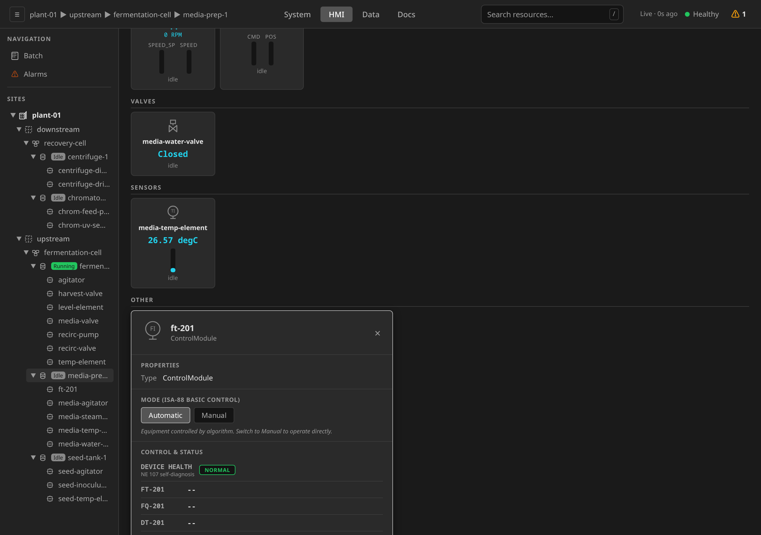 ControlModule faceplate on the unit dashboard with the DEVICE HEALTH row at the top of Control & Status reading NORMAL on the NE 107 green pill
