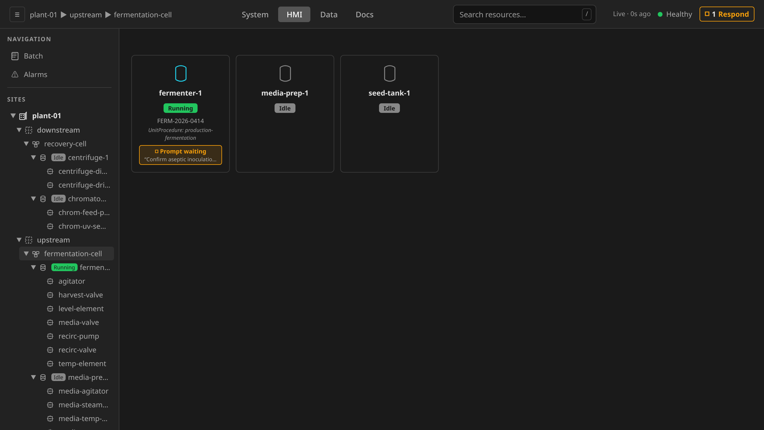 HMI process-cell overview, ambient pending-prompt surfacing: top-bar Respond badge and the amber Prompt waiting chip on the parked unit's card