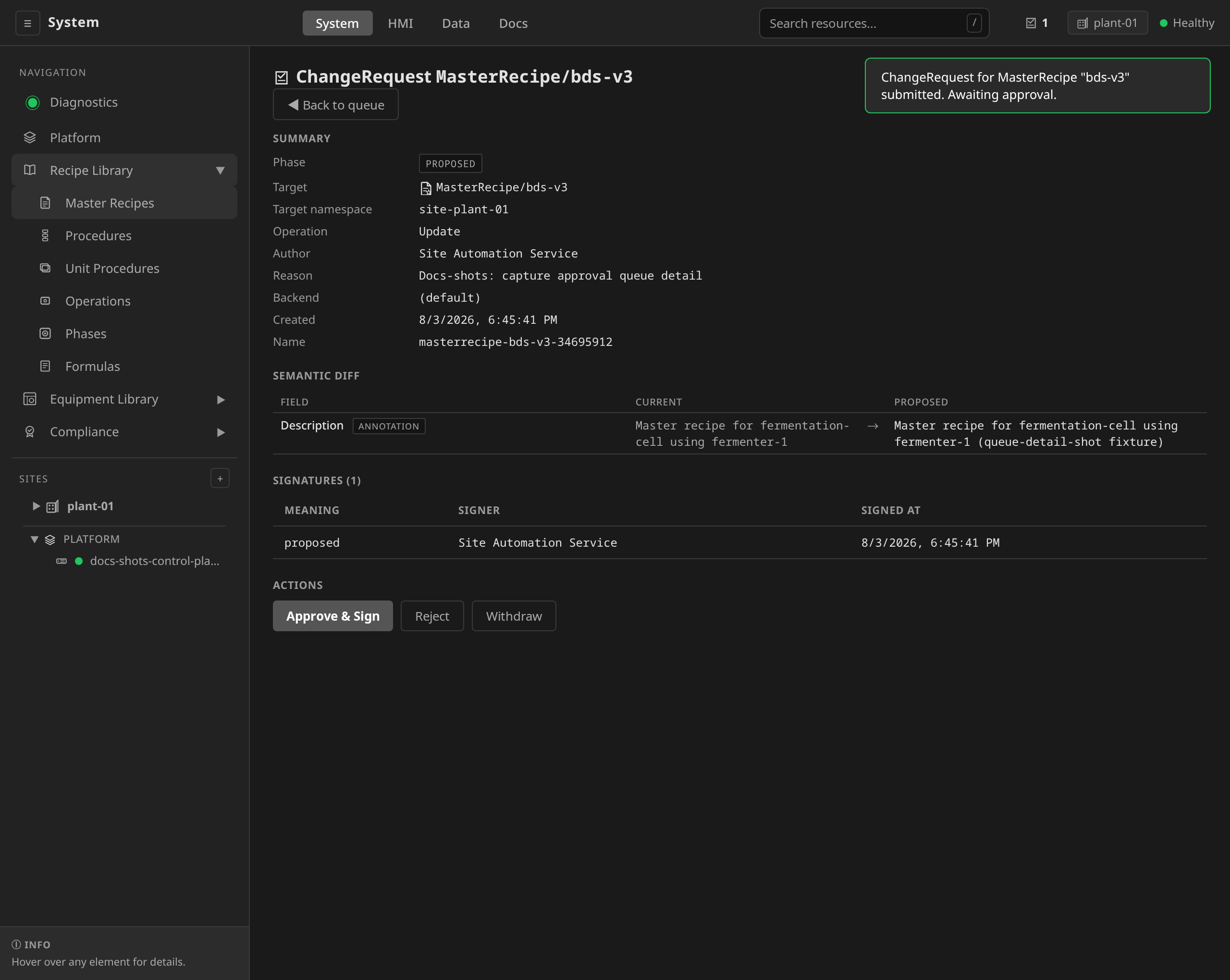 ChangeRequest detail with Approve and Sign action