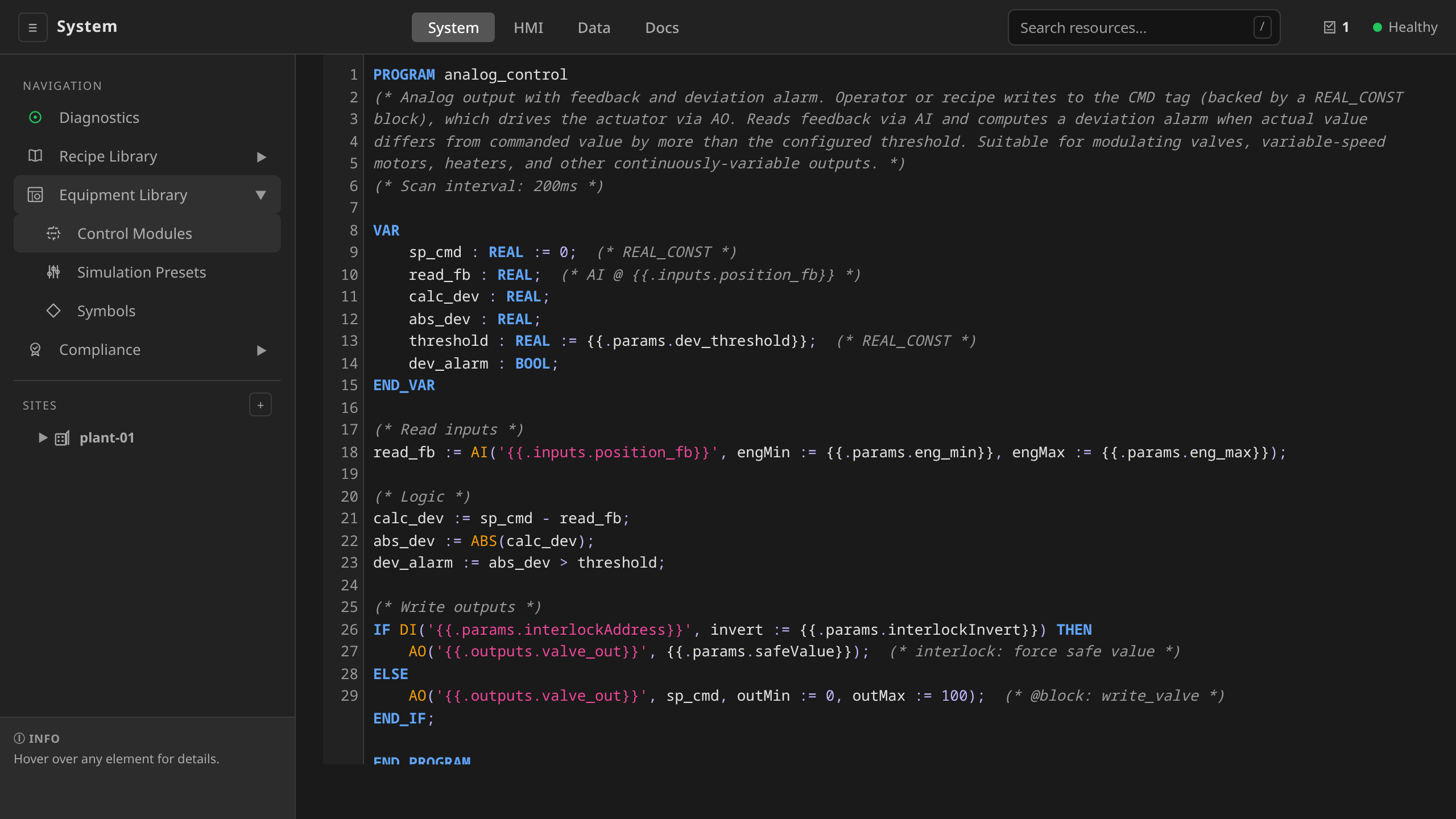 Same analog-control template rendered as Structured Text: PROGRAM analog_control, VAR / END_VAR section, read inputs with named-argument analog scaling (AI with rawMin/rawMax/engMin/engMax), logic lines (calc_dev, abs_dev, dev_alarm), and write outputs (AO with outMin/outMax)