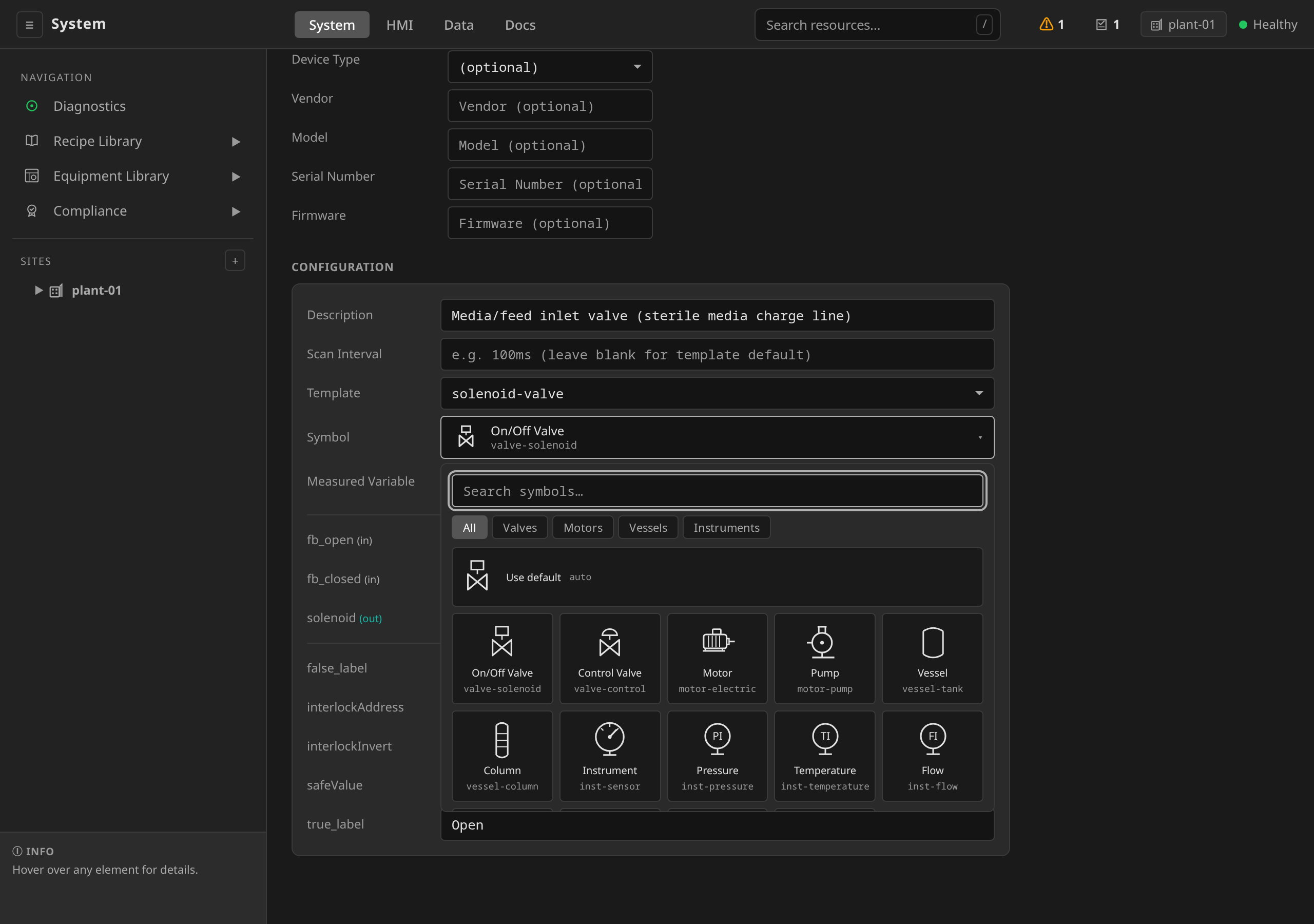 Control Module edit form with the Symbol picker open: a searchable glyph gallery with category tabs (All, Valves, Motors, Vessels, Instruments, Piping), a "Use default" option, and ISA 5.1 symbols rendered as selectable cards
