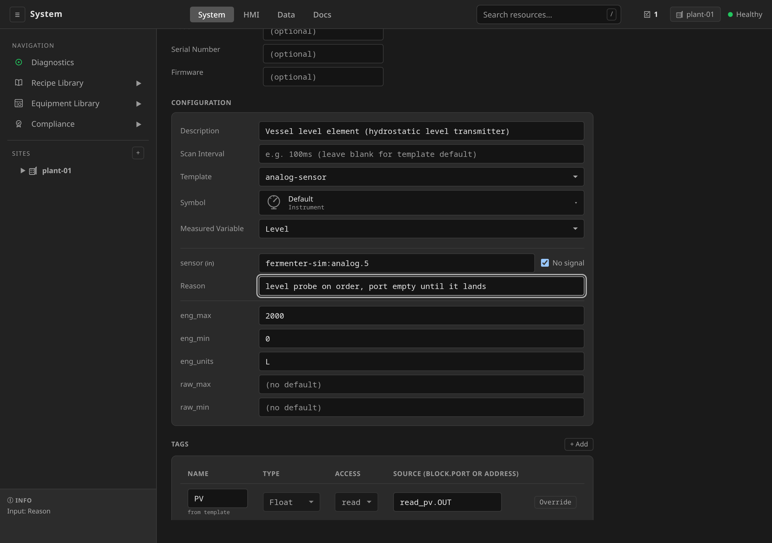 ControlModule edit form for level-element on plant-01 with the No signal tick on at the end of the sensor address row and a Reason row open under it reading "level probe on order, port empty until it lands"
