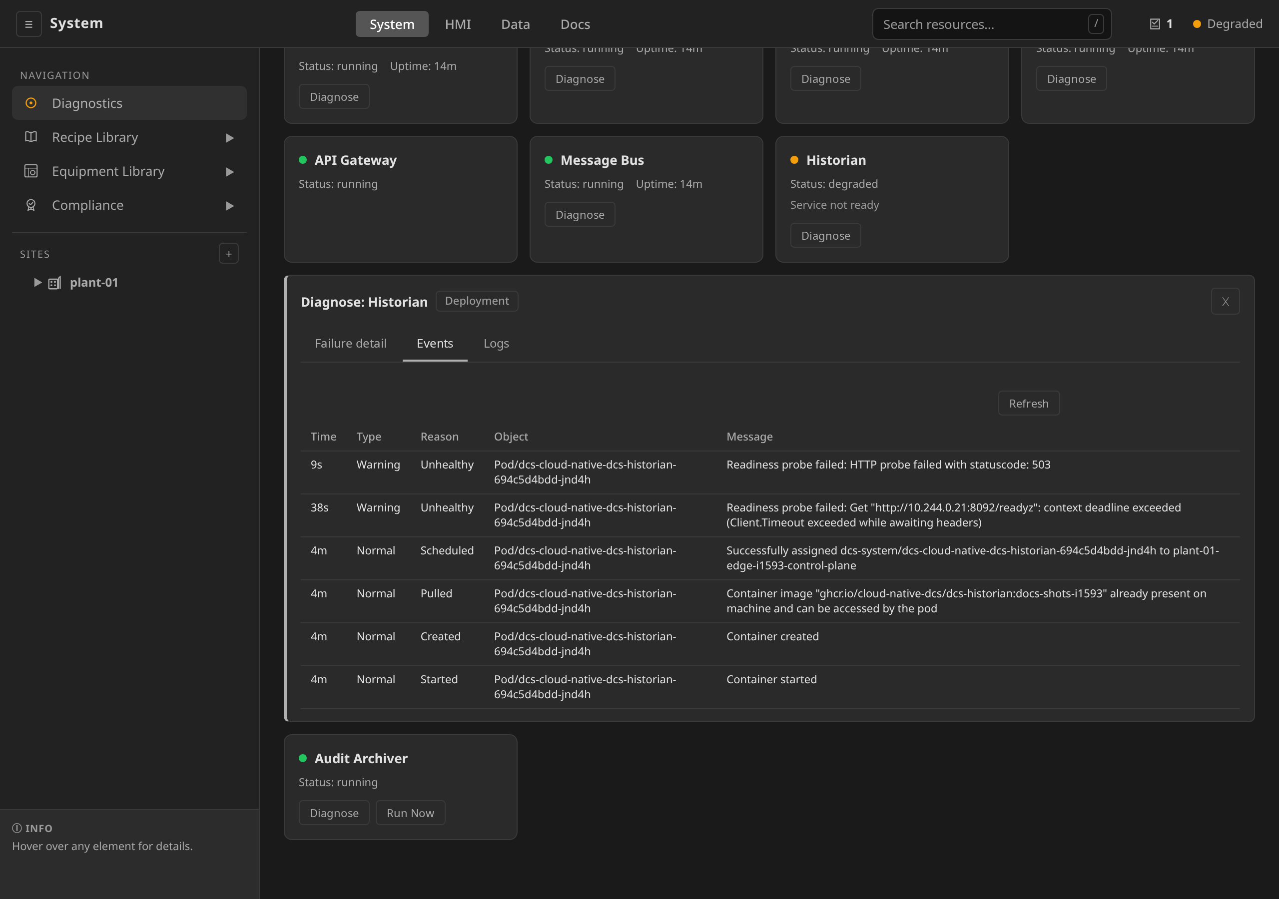 Diagnose panel: Events tab for the Historian