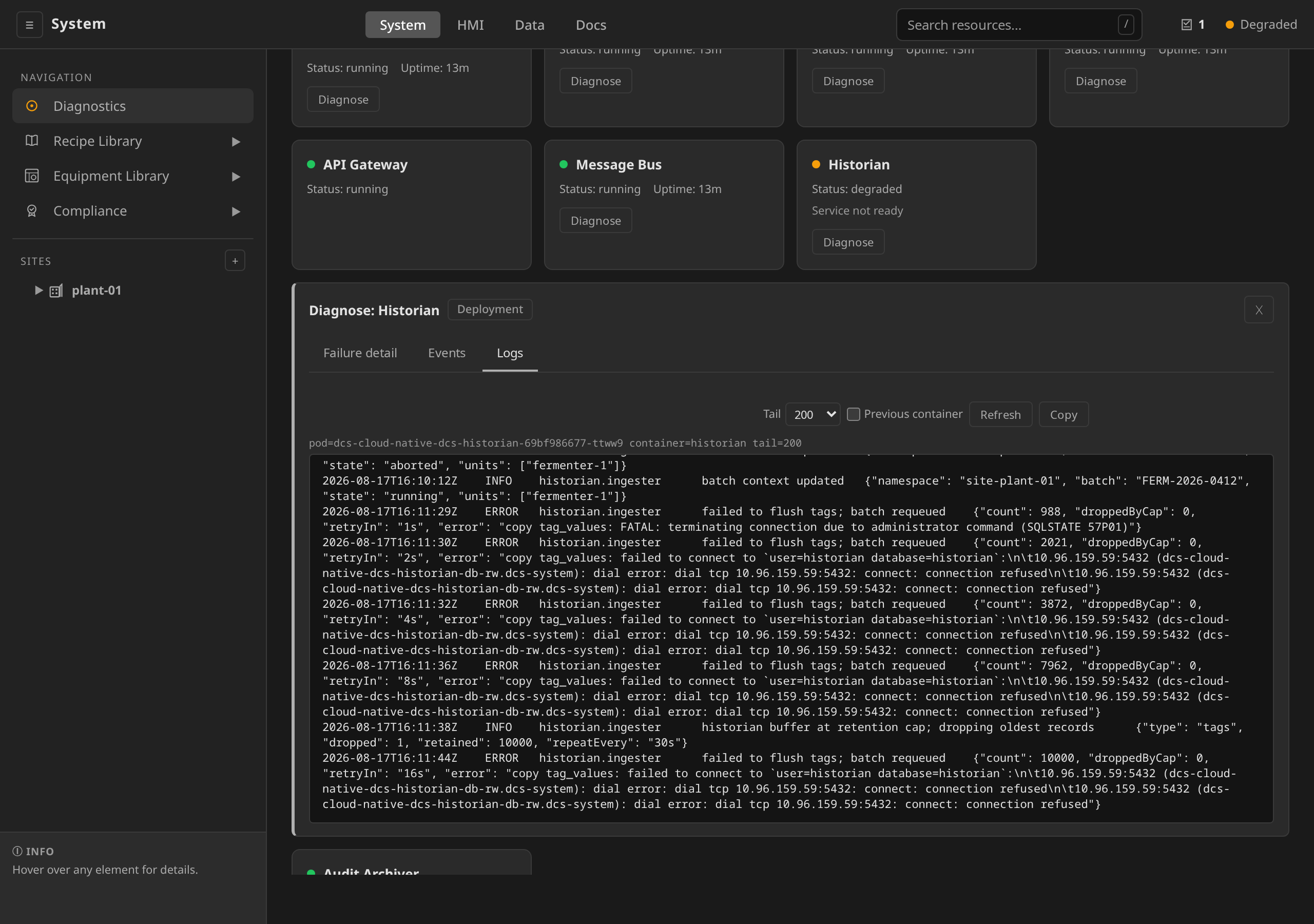 Diagnose panel: Logs tab tailing the Historian pod