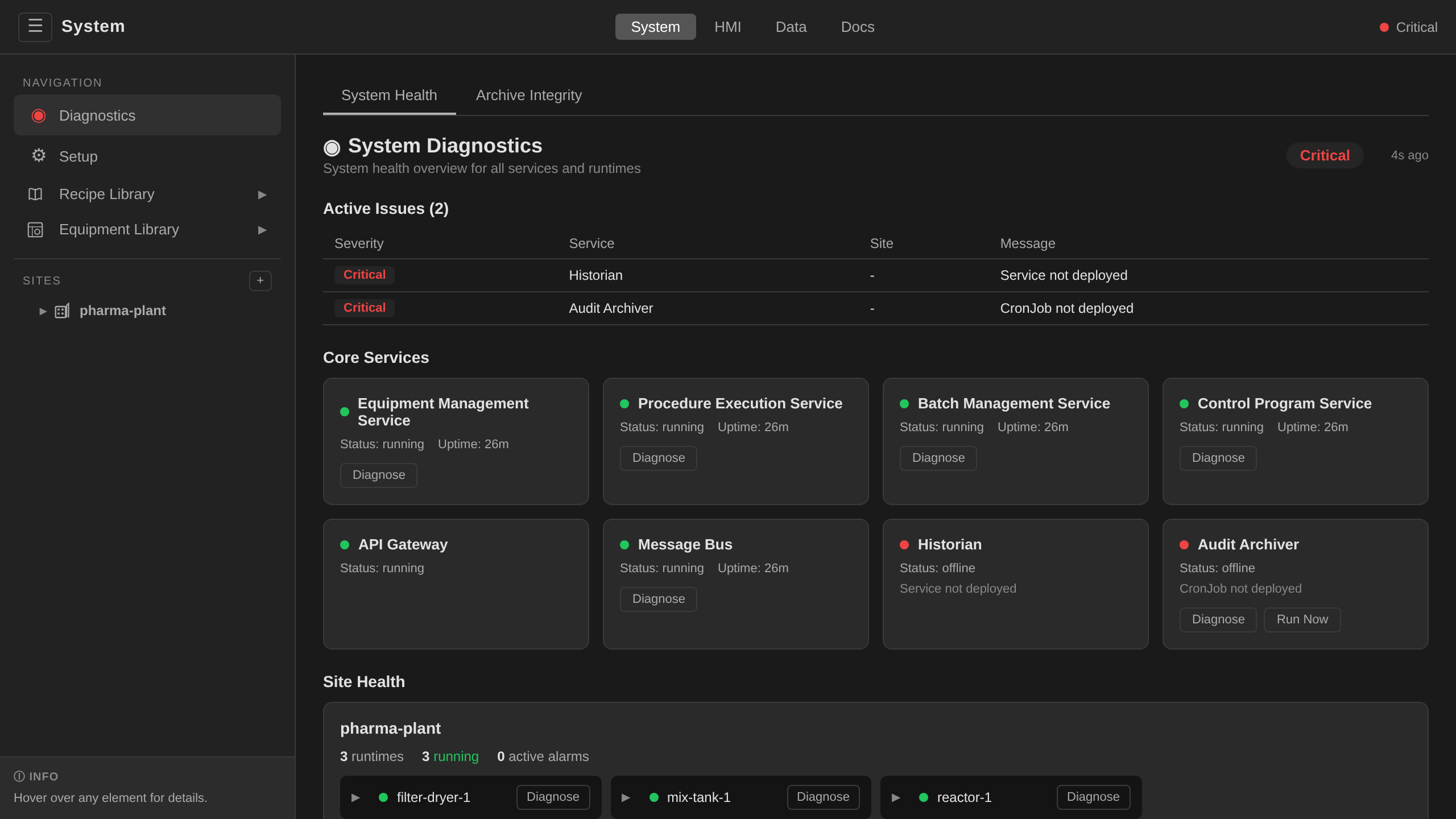 Diagnostics: service health and per-site runtime status