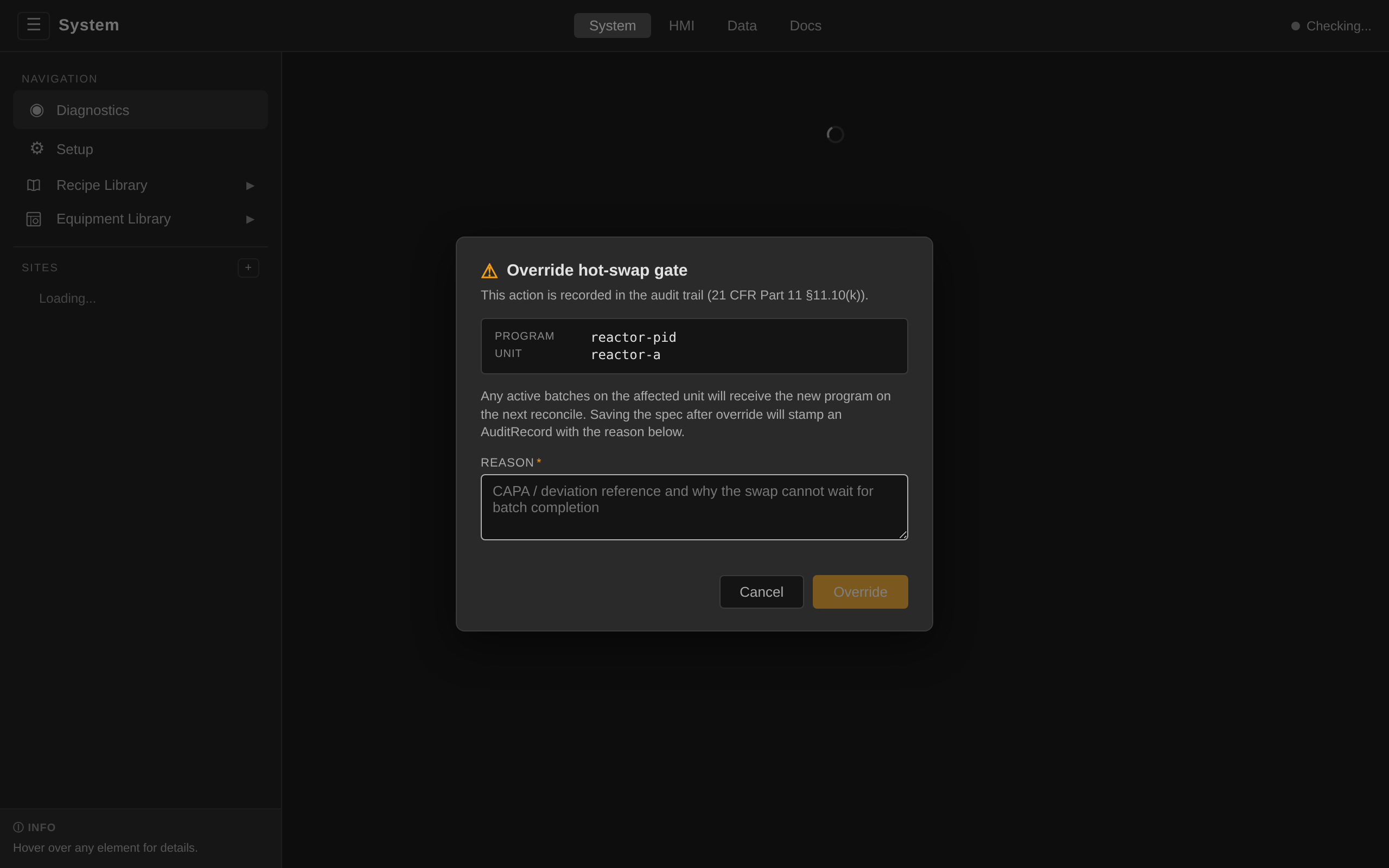 System: DcsHotSwapOverride modal with Program / Unit labels, consequences explainer, and the required Reason textarea