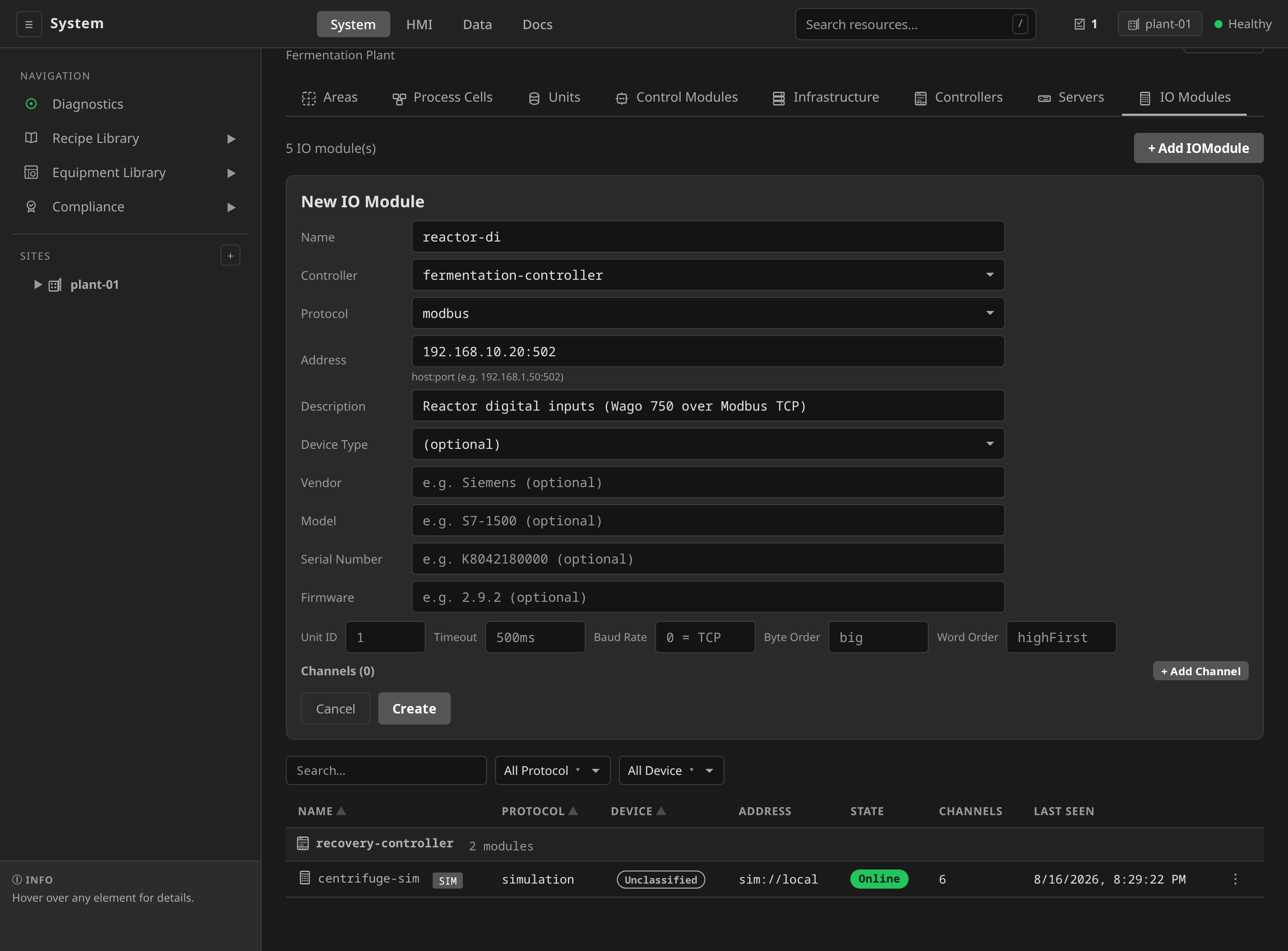 + Add IOModule form filled out for a Modbus IOModule: Protocol modbus, Address 192.168.10.20:502, Unit ID, Timeout, Baud Rate, Byte Order, and Word Order options block, no Tick Rate row