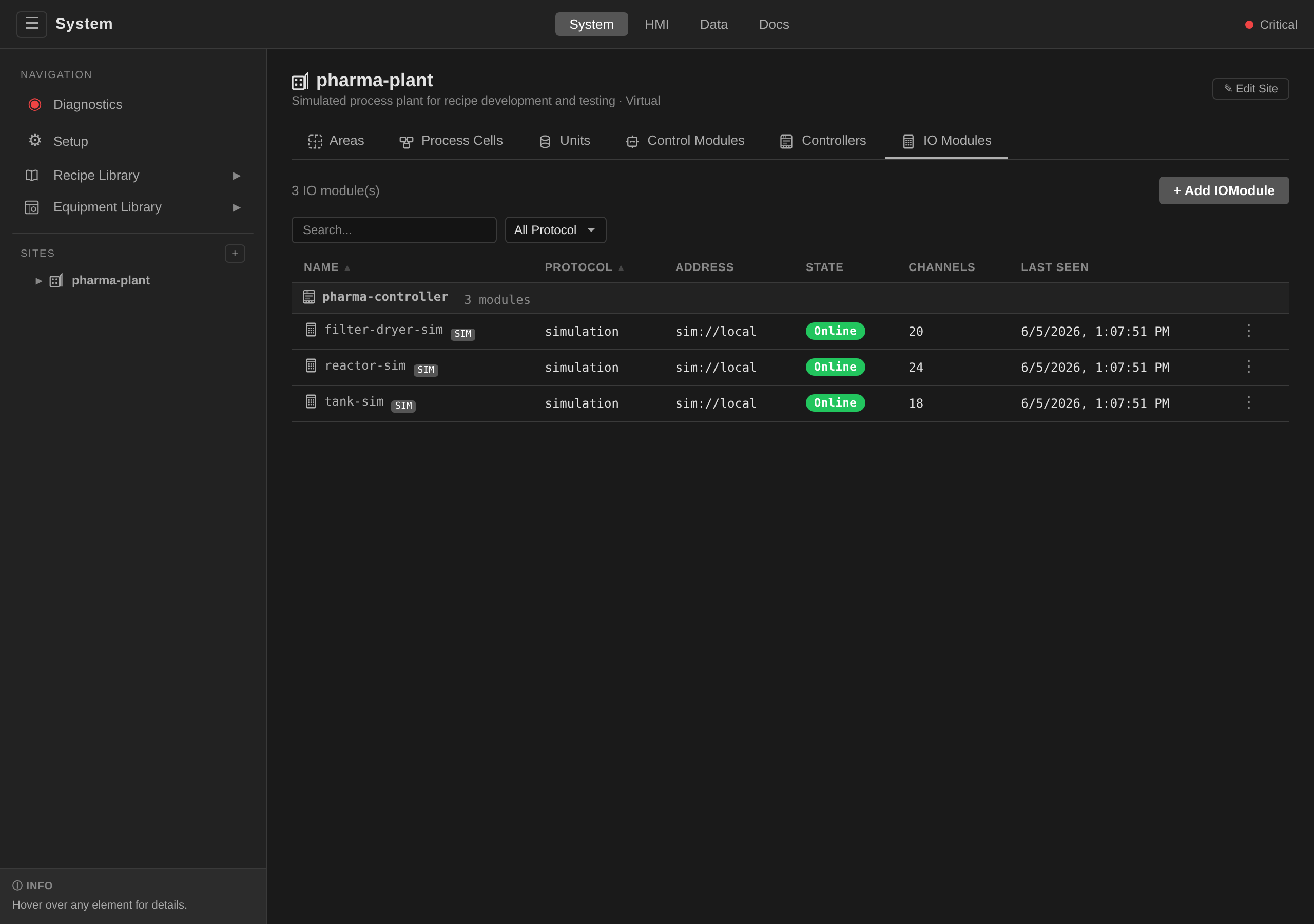 IO Modules sub-tab on site demo-dhananjay listing filter-dryer-sim, reactor-sim, and tank-sim simulation modules with State Online and channel counts