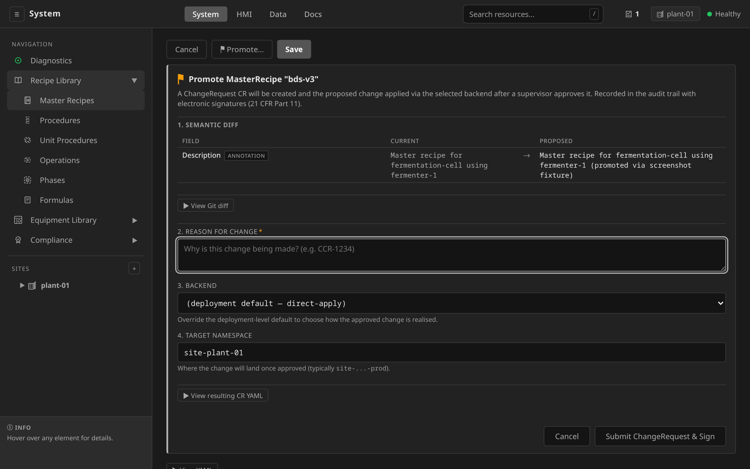 Promote review panel with semantic diff and reason