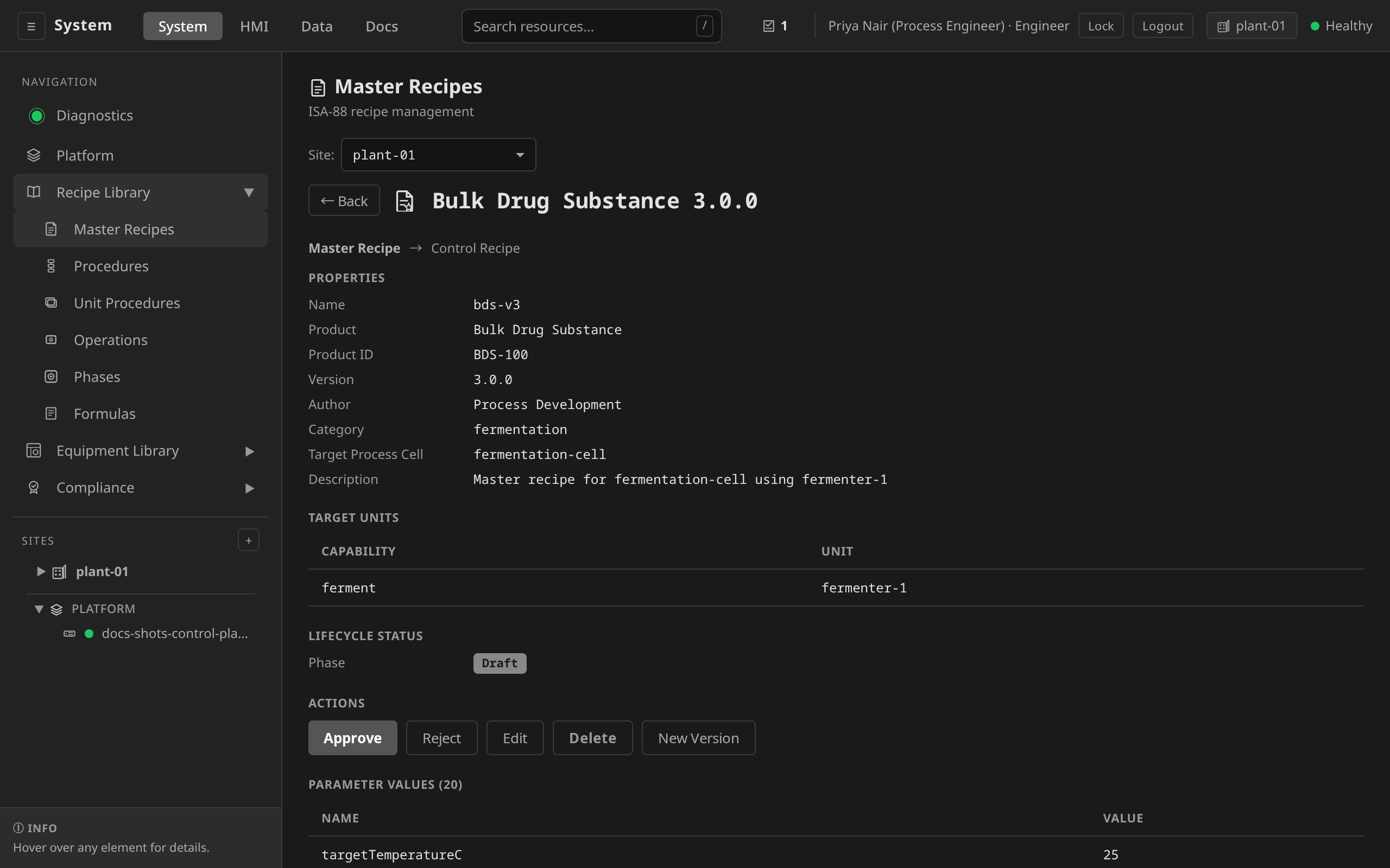 Master Recipe ACTIONS panel: Draft phase exposing Approve / Reject / Edit buttons on a newly-created recipe