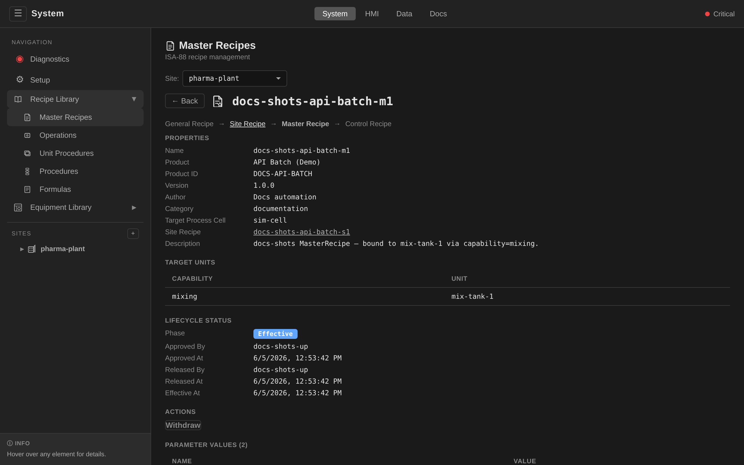 Master Recipe detail: status header with Phase badge and Validation Errors list