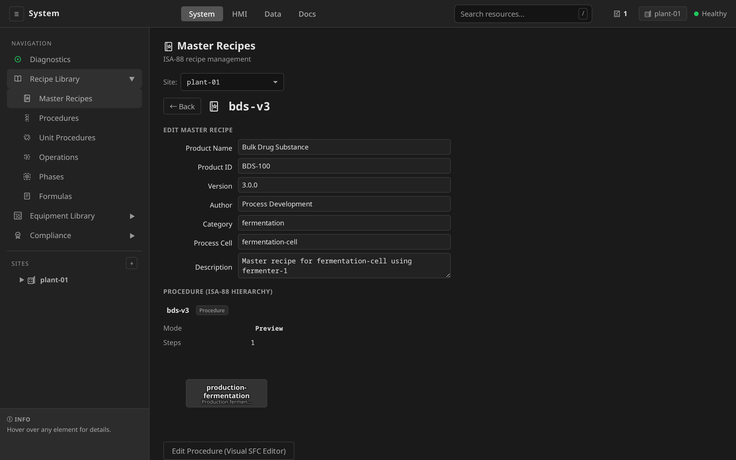 Master Recipe edit form: Parameters section with name / type / default / min / max / unit columns