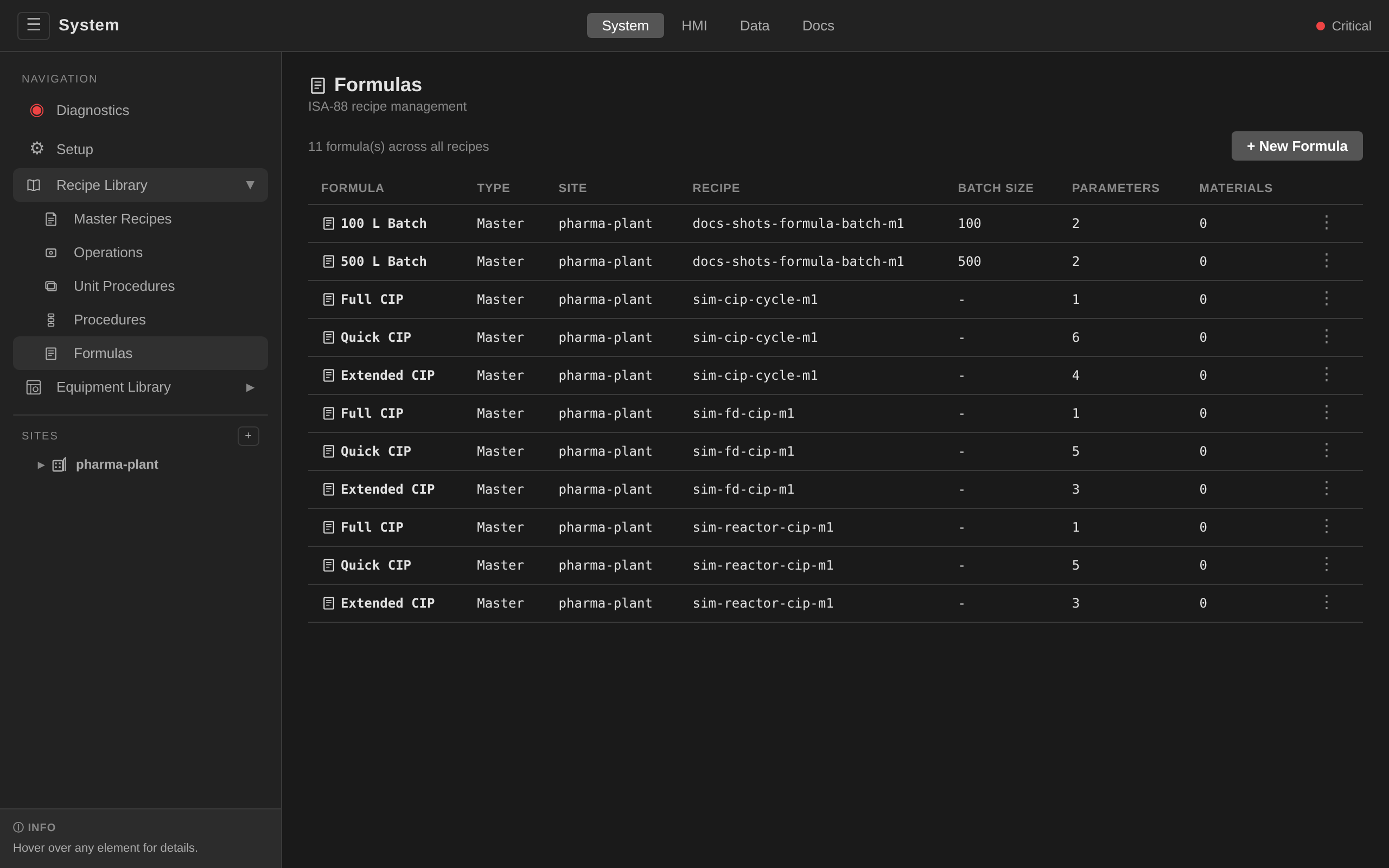 Recipes → Formulas: per-batch-size parameter sets grouped by recipe