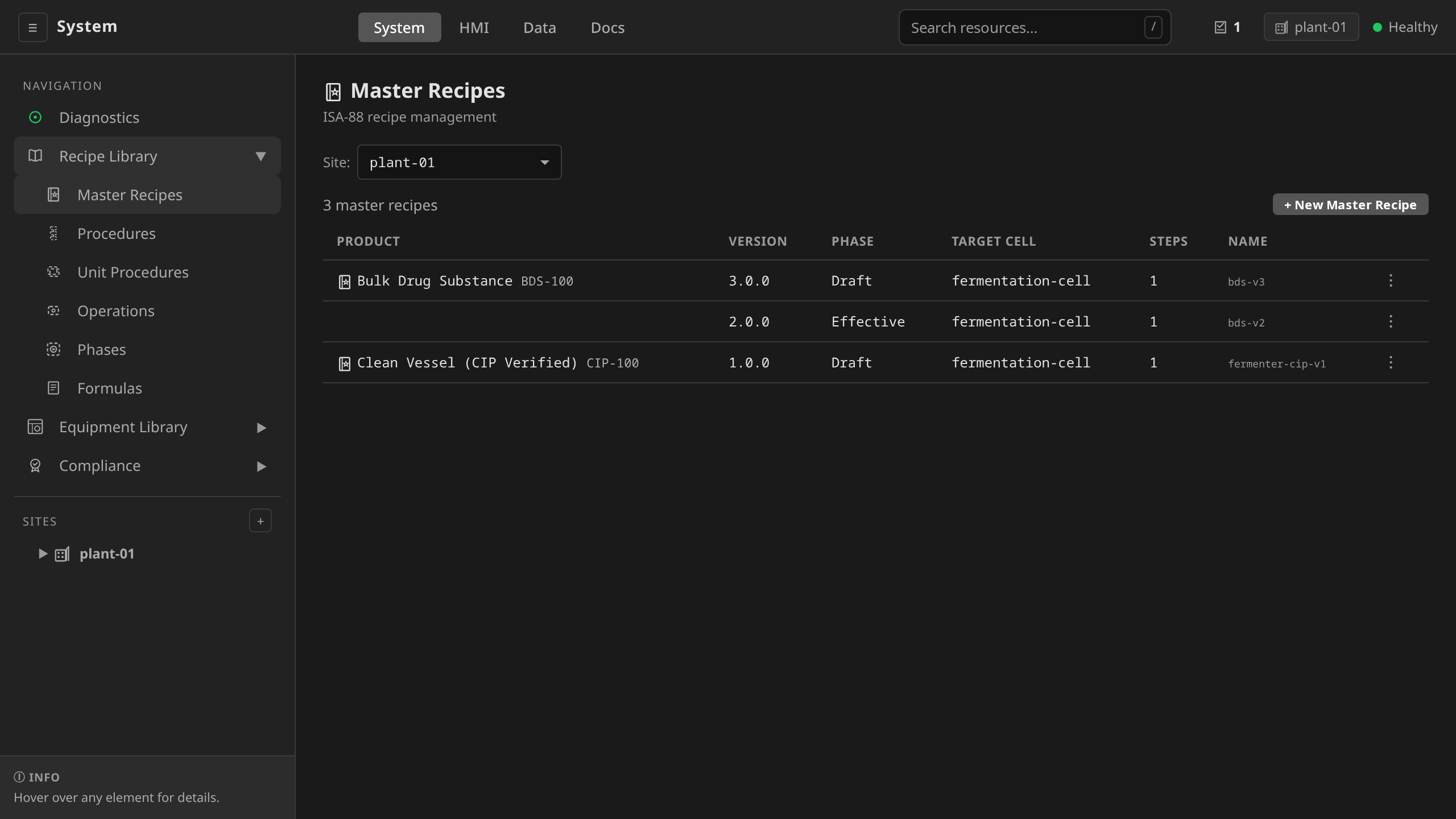 System /system → Master Recipes list with product, version, and target cell for the plant-01 recipes