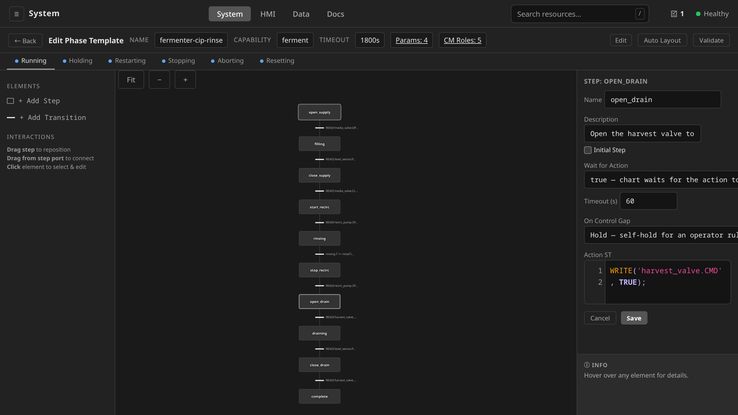 SFC editor: step in Edit mode with the Action ST editor referencing declared parameters