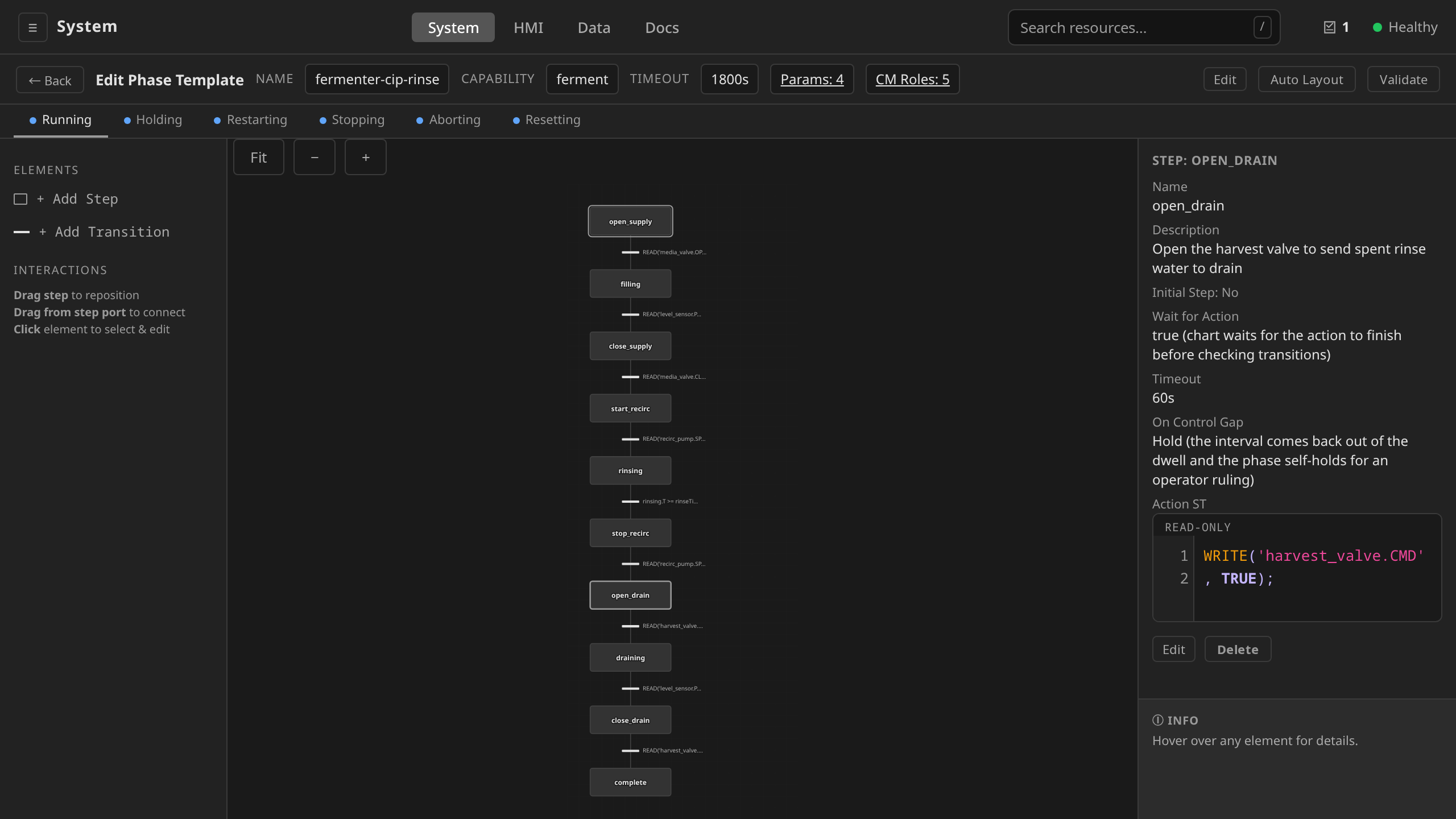 Right-hand properties panel showing the selected start_charge step with read-only Name, Description, Initial Step, Wait for Action, Timeout, On Control Gap, and Action ST code block