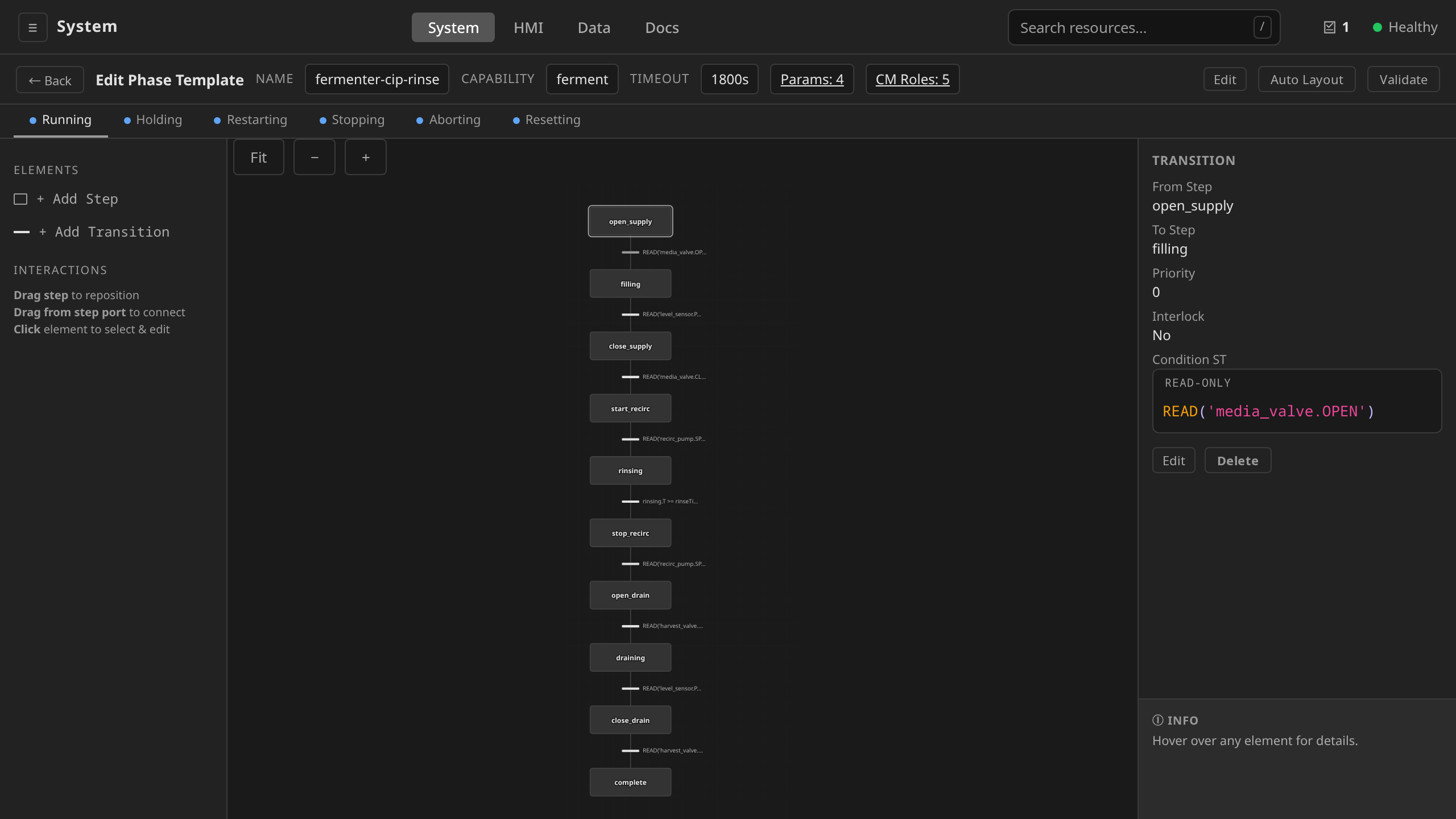 SFC editor: transition bar selected with the condition ST inspector open, where you type the boolean expression