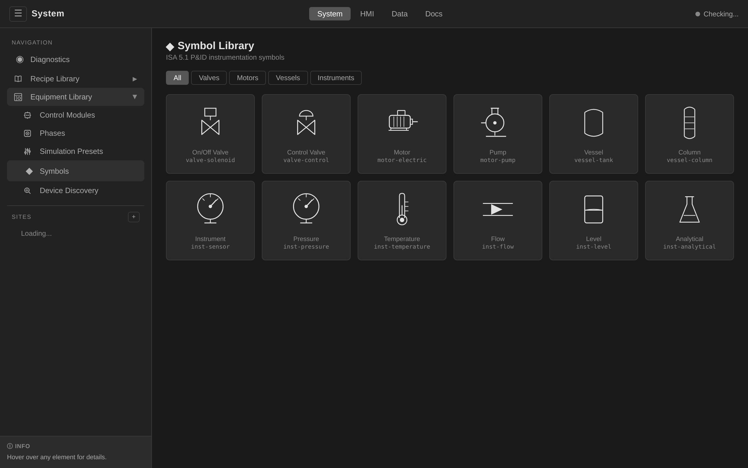 Equipment Library → Symbol Library gallery with ISA 5.1 symbols grouped by category (Valves, Motors, Vessels, Instruments, Piping)