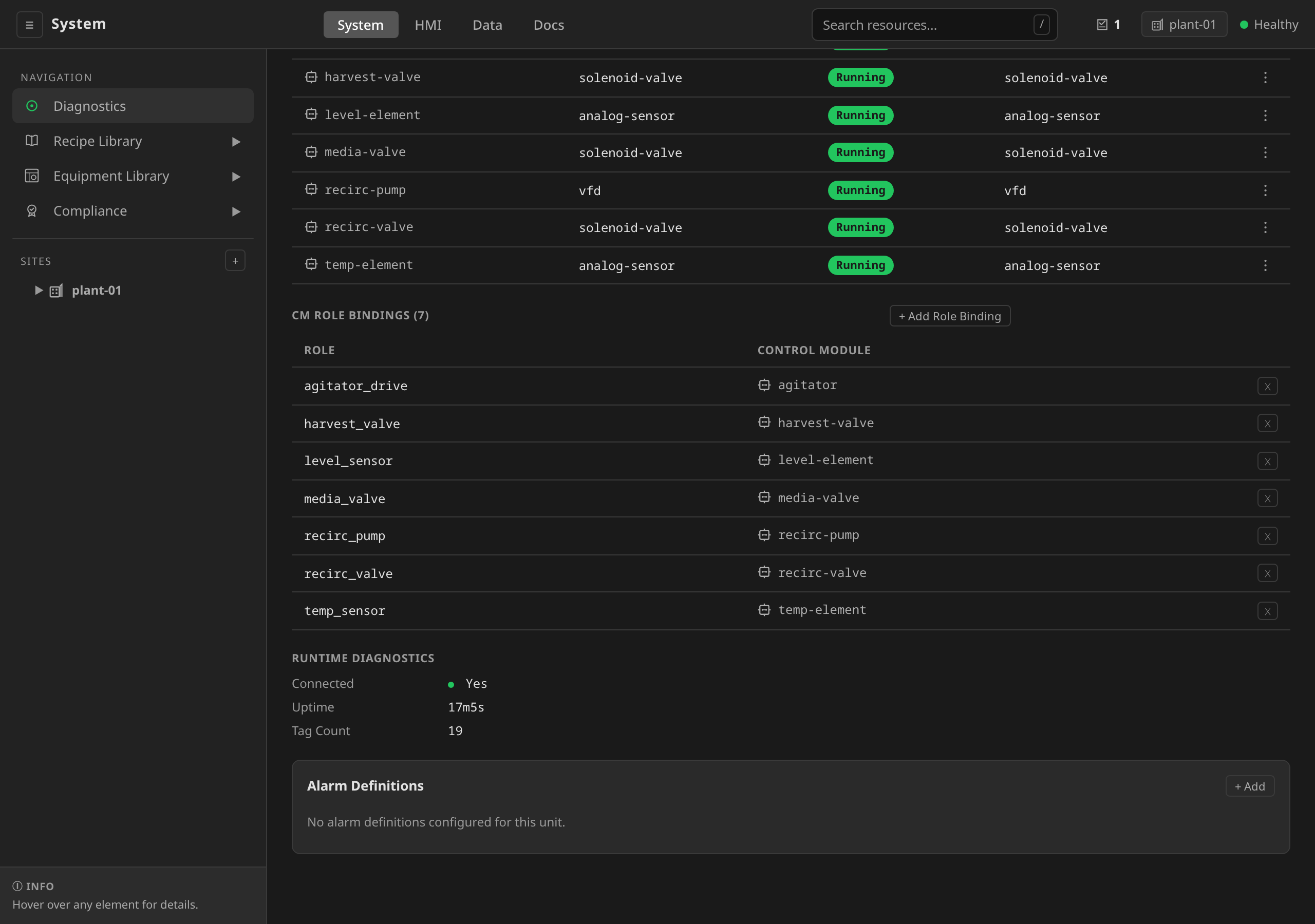 Unit detail: CM Role Bindings section mapping each role (agitator_drive, media_valve, …) to a concrete ControlModule instance